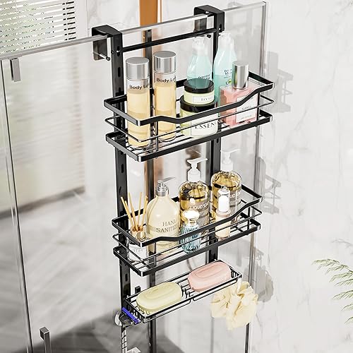 SWTYMIKI Over the Door Shower Caddy - 3 Tier Adjustable Shower Organizer Hanging with Soap Holder, No Drilling Stainless Steel Bathroom Rack Hanging