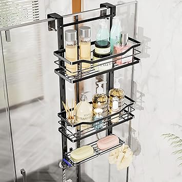SWTYMIKI Over the Door Shower Caddy - 3 Tier Adjustable Shower Organizer Hanging with Soap Holder, No Drilling Stainless Steel Bathroom Rack Hanging for Body Wash, Shampoo, Soap, Razor, Black