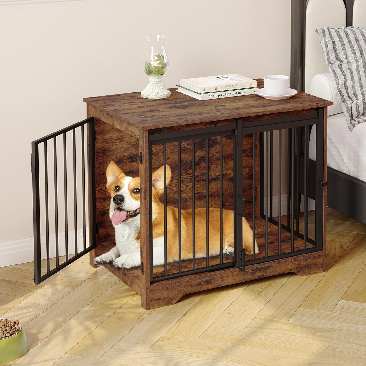 Dog Crate Furniture, 32" Double Door Dog Crate with Barn Door, Dog Kennel Indoor, End Side Table Wooden Dog Crate for Small Medium Large Dog, Anti-Chew Anti-Escape, Rustic Brown DFC83601B