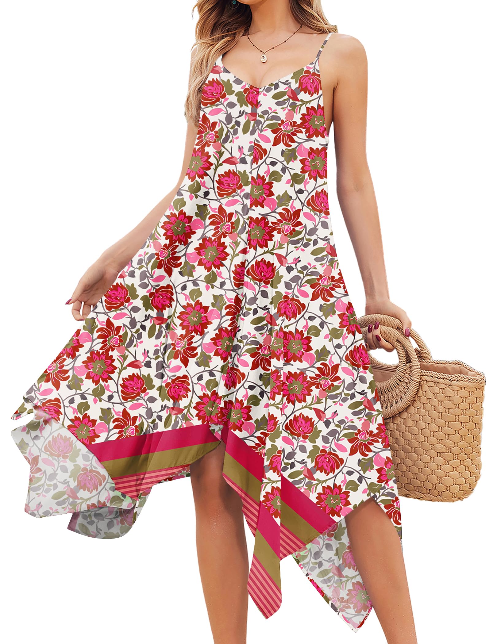 Chigant Womens Summer Dresses Casual Spaghetti Strap Midi Swimwear Cover Up | Flowy Handkerchief Dress, For Beach Vacation, Maxi, Solid Color, Floral, Boho, Tropical, Hawaiian Dress