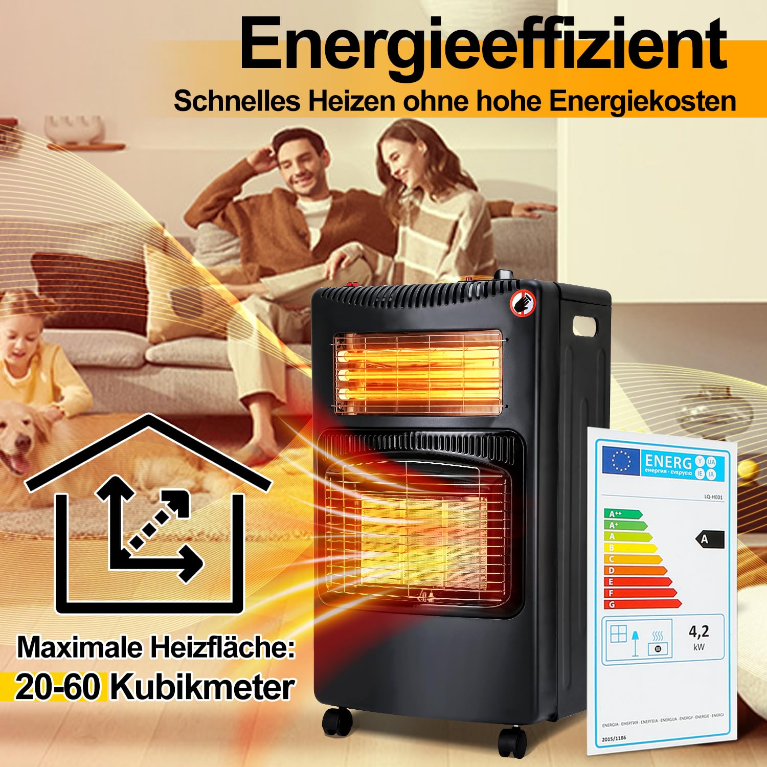 Eulenke Gasheizung für Innenräume, 4200w Keramik Gasheizer + 1260w Infrarot Heizstrahler inkl. Gasdruckregler & Gasschlauch, 3 Heizstufen Gasofen, Butan- oder Propangasflaschen bis 15kg