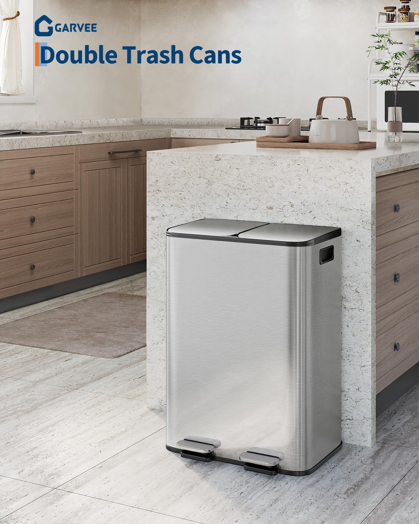 GarveeHome Cubo basura cocina sistema separación residuos 2 compartimentos pedal metálico tapa cierre suave reciclaje residuos orgánicos cubos interiores extraíbles (Color acero inoxidable, 2 x 30 L)