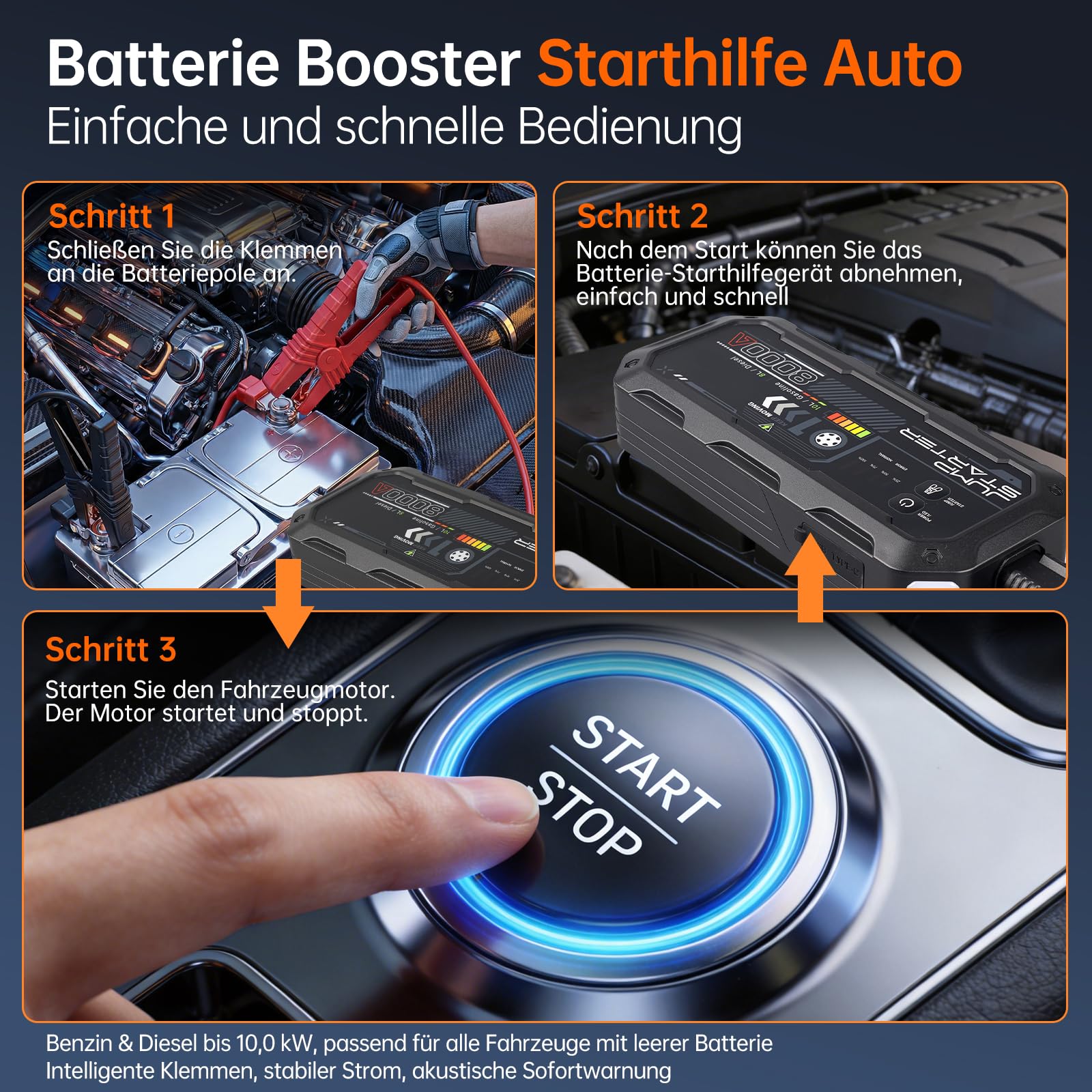 8000A Starthilfe Powerbank für Auto bis 12L Diesel & 10L Benzin