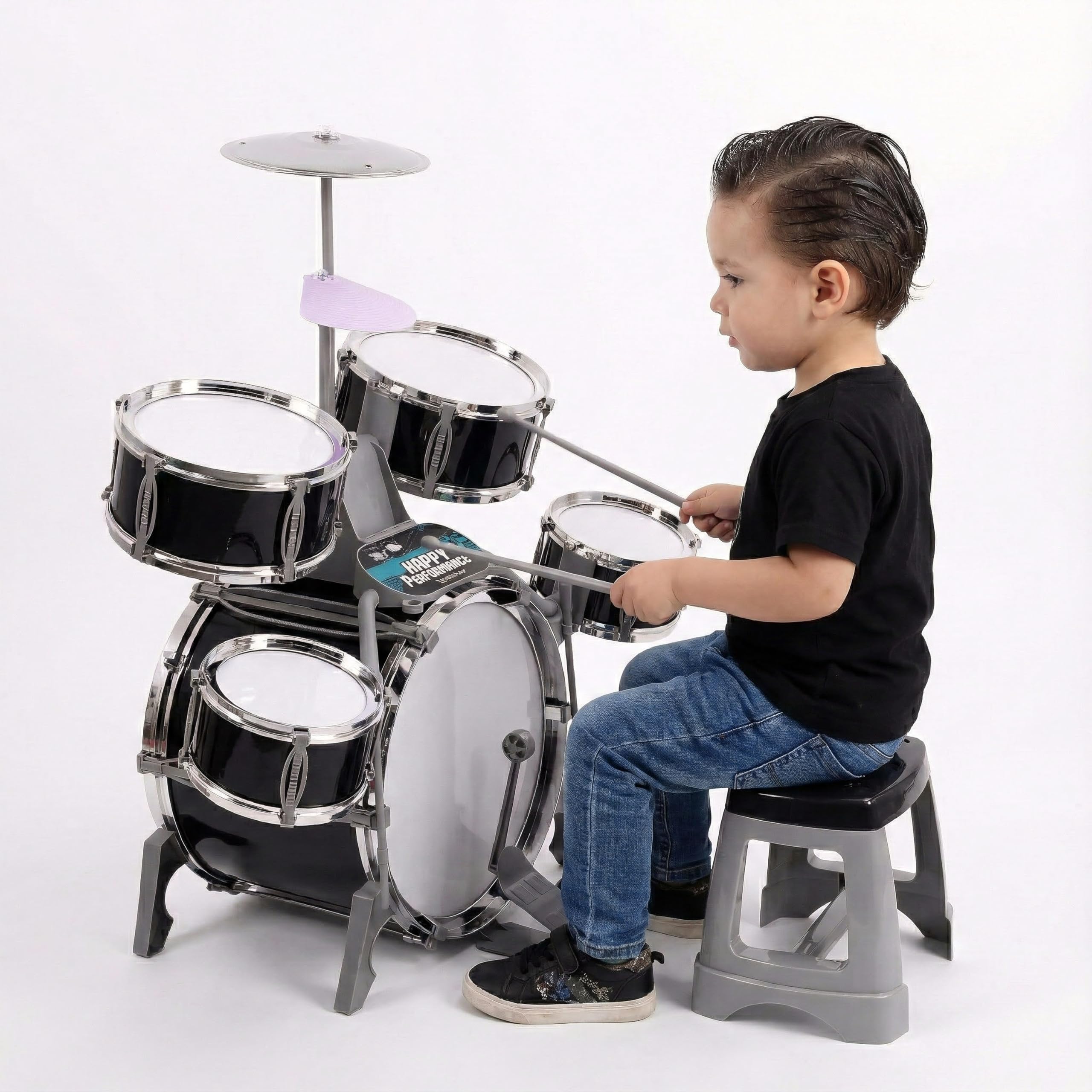The Magic Toy Shop Kids Drum Kit - Black & White Junior Jazz Percussion Set with Music Cards & Phone Holder, 5 Drums, 1 Cymbal, Stool - Educational Kids Musical Instruments for Beginners, 3+