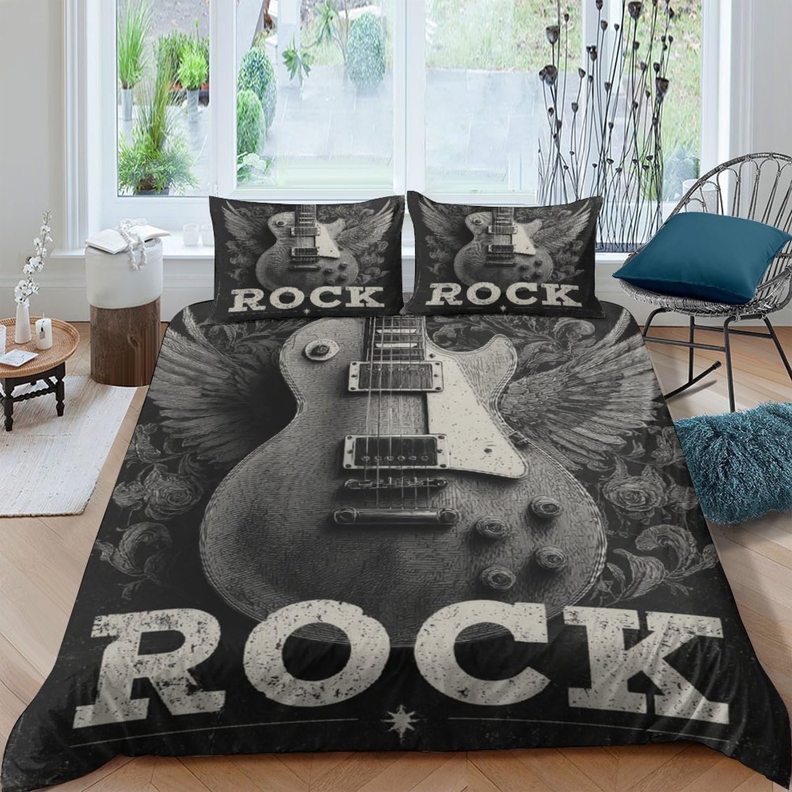 Rock guitarcopripiumino morbida microfibra 3 pezzi motivo 3D cerniera nascosta Vintage rock poster Set Di Copripiumino con federe per cuscini soffice morbido e comodo for adulti Super king（260x220cm）