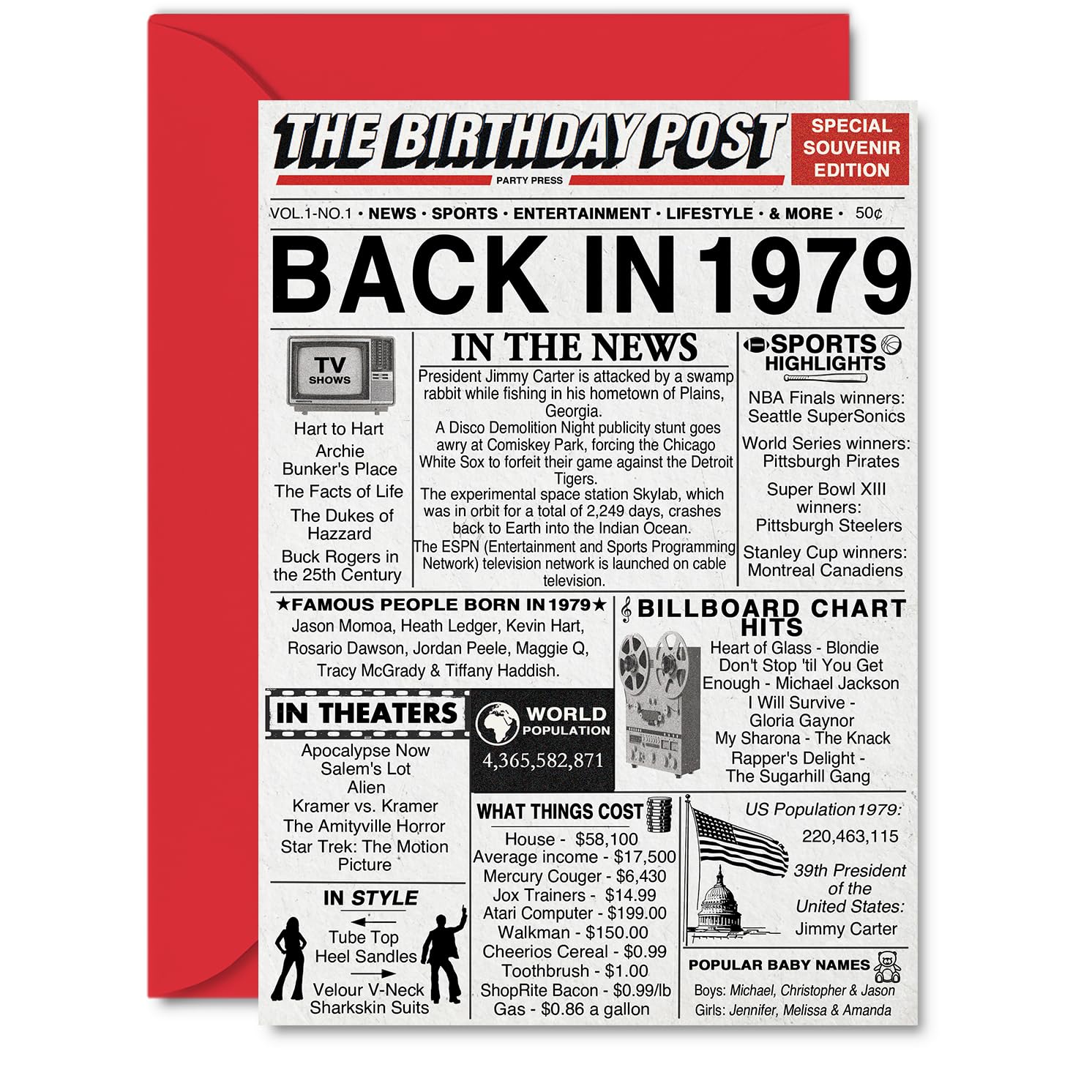 46歳の誕生日カード メンズ レディース - Back In 1979 Newspaper - 46枚のハッピーバースデーデコレーションカード 彼女 お父さん ママ 夫 妻 叔父さん 叔母 ヴィンテージ レトロ 1979年生まれ、A5 誕生日記念カード