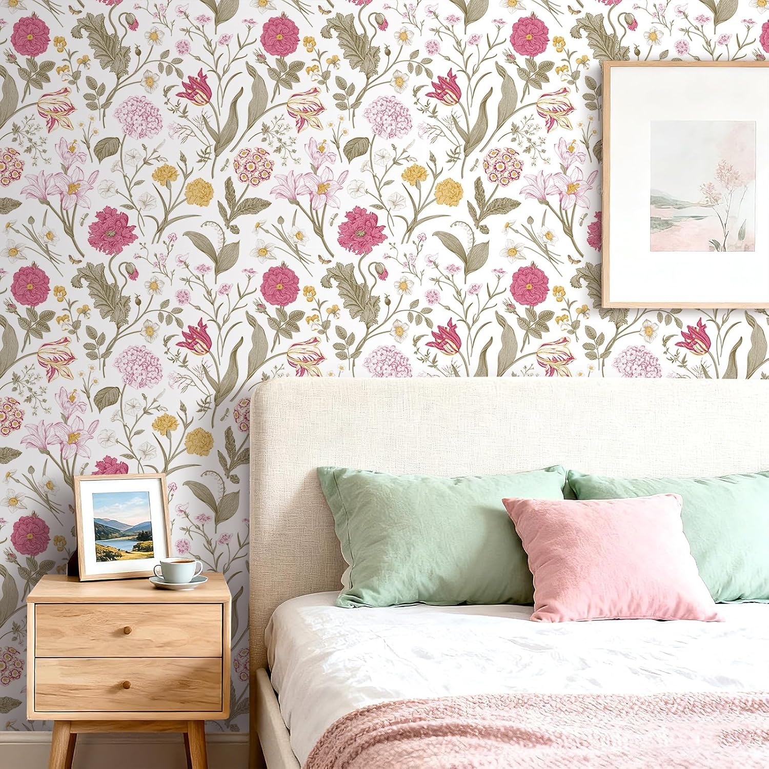 Decotalk Peach Pink Floral Wallpaper Peel and Stick Vintage Pink Wildflowers Botanical Wallpaper for Bathroom Girls Bedroom 17.5x120inch Removable Self Adhesive Floral Contact Paper for Cabinets Walls