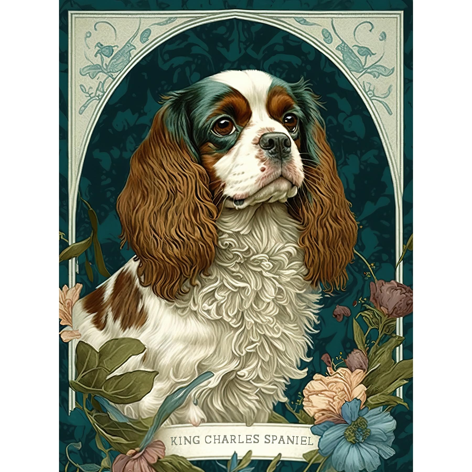 Artery8 King Charles Spaniel Dog with Flower Blooms Modern Art Nouveau Illustration Extra Large XL Wall Art Poster Print