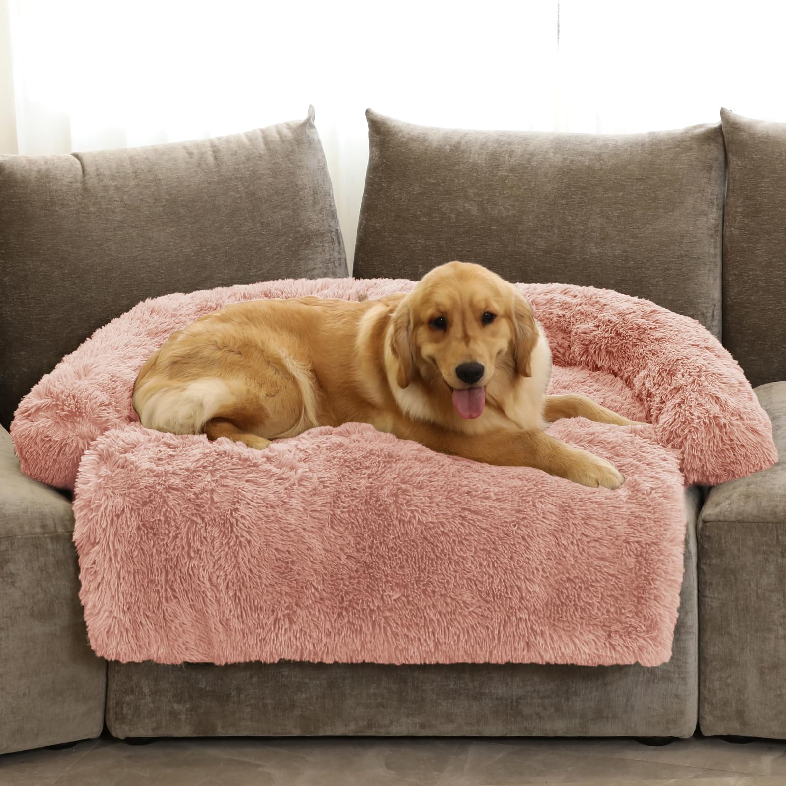 GGIB Calming Dog Bed Fluffy Plush Dog Mat for Furniture Protector with Removable Washable Cover for Large Medium Small Dogs and Cats (Extra Large (53x39.3x6), Pink)