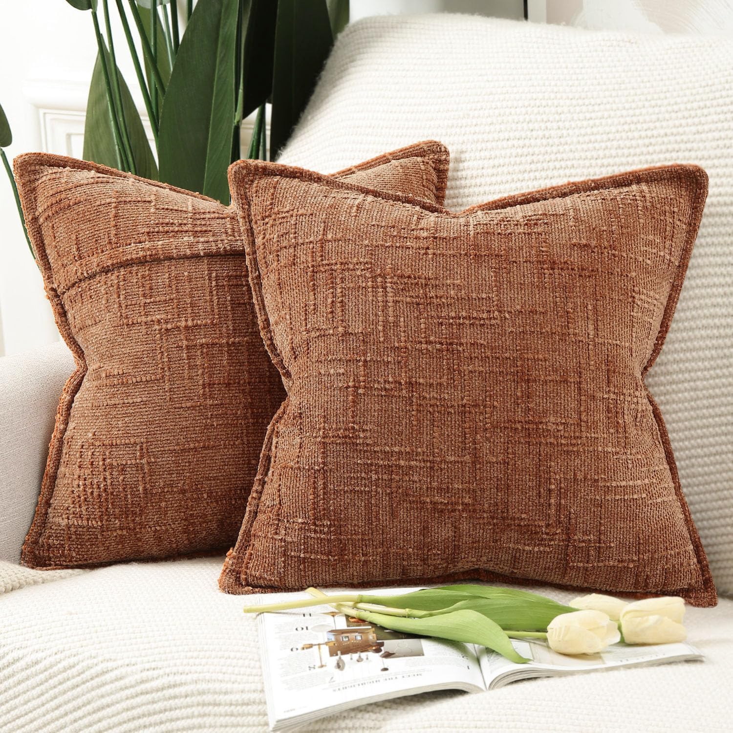 MADIZZ Pack of 2 Chenille Throw Pillow Covers 20x20 Inch Rust Soft Neutral Decorative Throw Pillows for Couch Sofa Boho Accent Cushion Covers Modern Farmhouse Home Decor for Bedroom Living Room