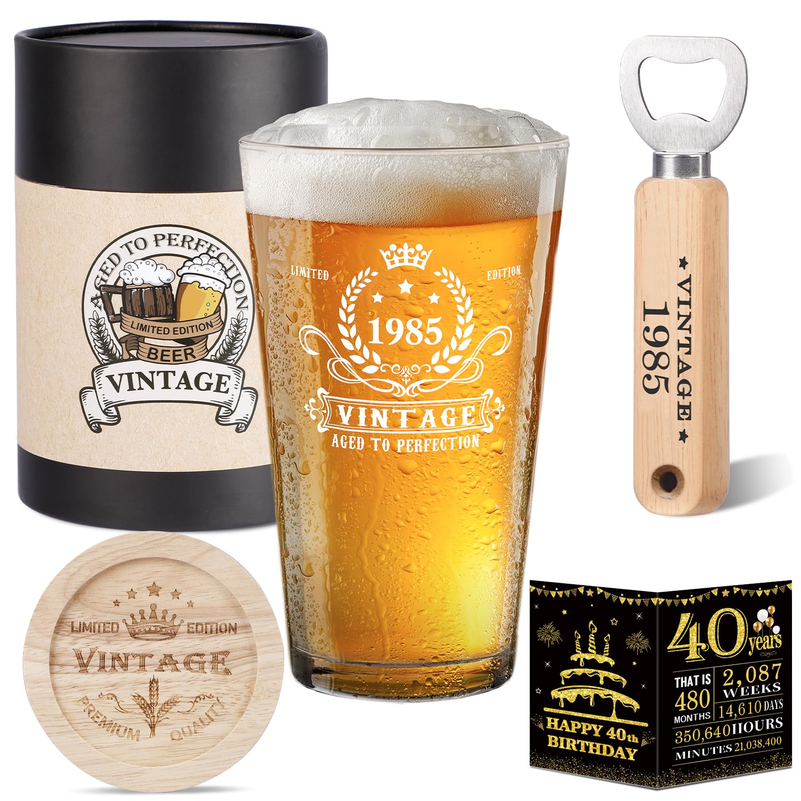 40 Cumpleaños, Regalo Hombre 40 Años Copa de Cerveza Retro 1985, Posavasos de Madera, Abridor de Botellas de Madera, Caja de Regalo de Cerveza Retro, Tarjeta de Cartel y Tarjeta de Felicitación Creati