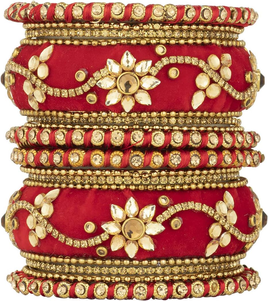 Aheli Indian Wedding Wear Beautiful Handmade Faux Stone Studded Velvet Bangle Set Chuda Bollywood Ethnic Fashion Jewelry for Women Blue