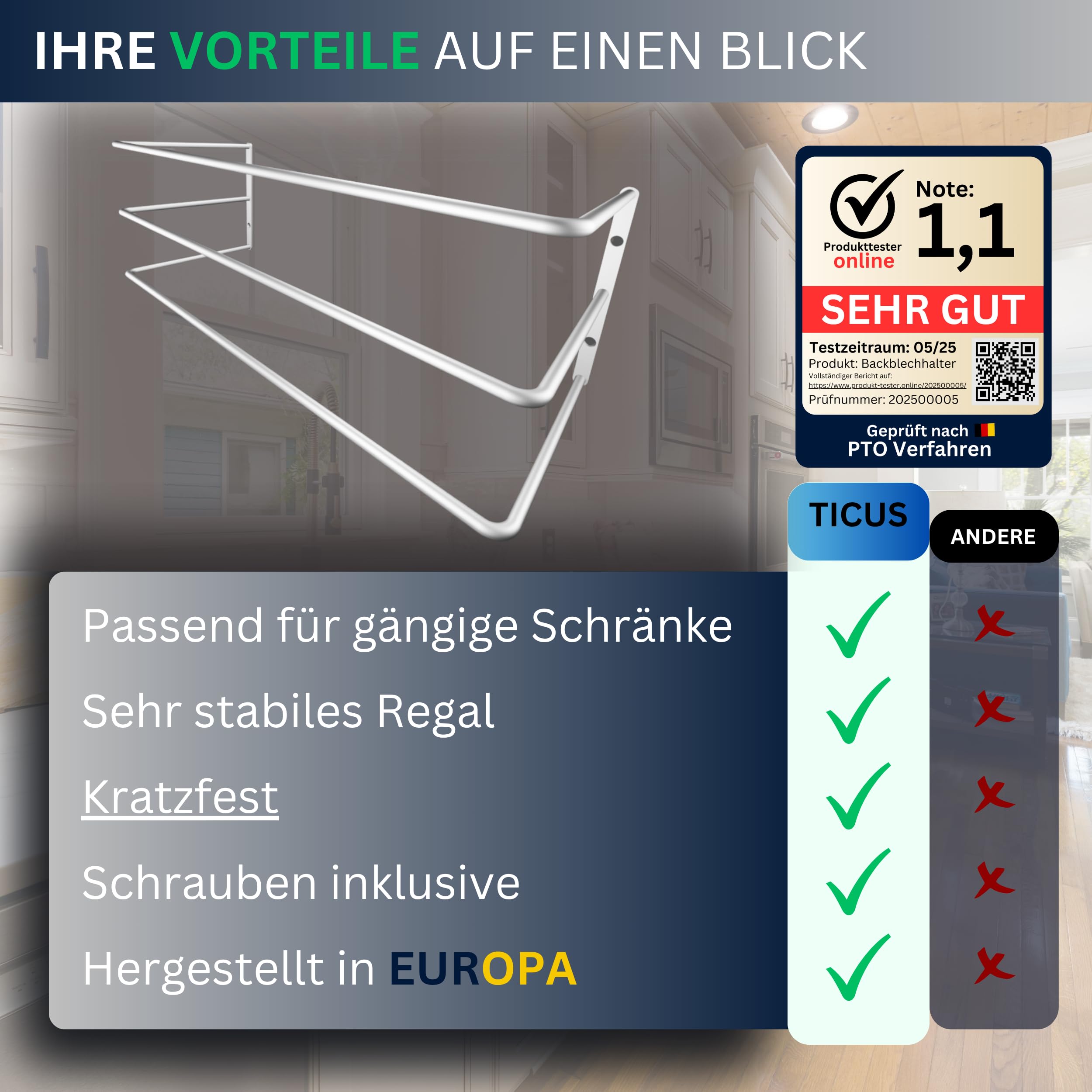 Backblechorganizer in weiß, Backblechhalter für 3 Backbleche passend für 60er-Hochschränke. Hochschrankbeschlag Küchenorganizer Backblechregal, Küchenregal