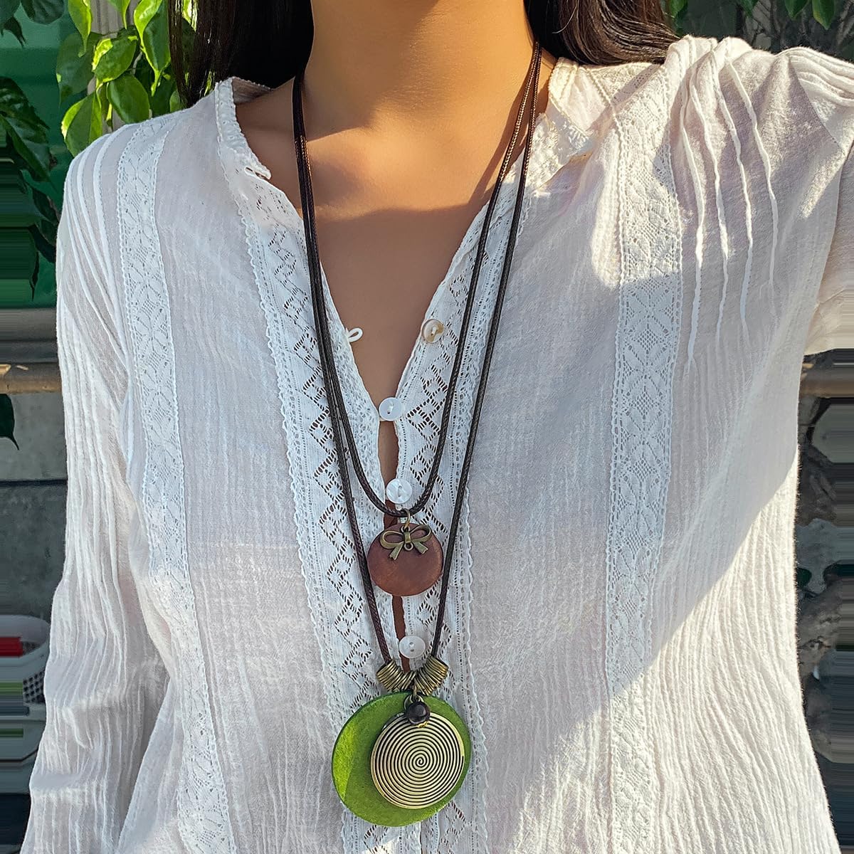 Long Boho Necklaces for Women Stacking Leather Cord Wooden Disc Pendant Necklaces Choker Vintage Adjustable Trendy Necklace Jewelry Gift - Image 3