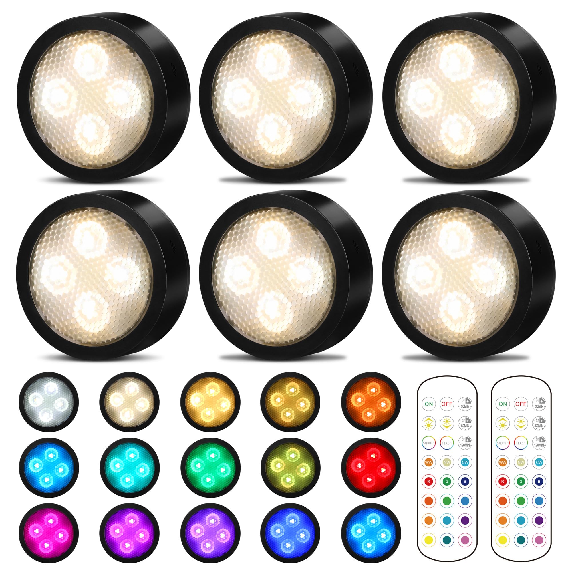 Puck Lights with Remote Control, Battery Powered Wireless Under Cabinet Lighting, RGBCW Stick On Push Lights, 6 Pack - Black
