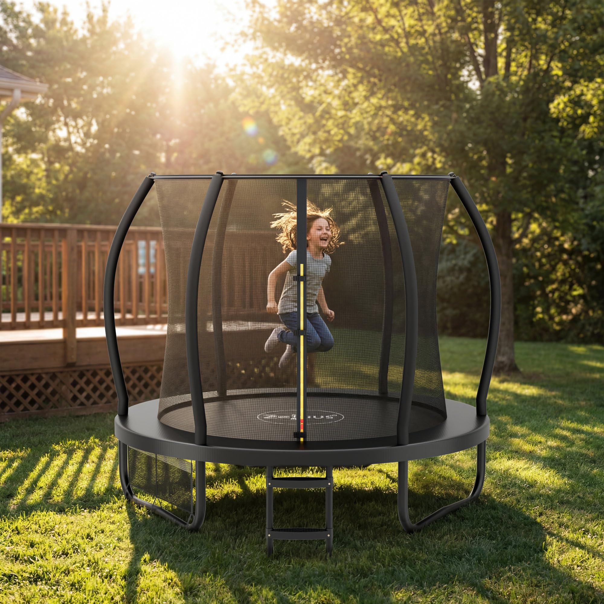 Zelsius Trampolin Schwarz für den Outdoor-Bereich | Trampolin Outdoor, Gartentrampolin mit Sicherheitsnetz, Leiter und Schuhbeutel | Trampolin für Sport und Freizeit