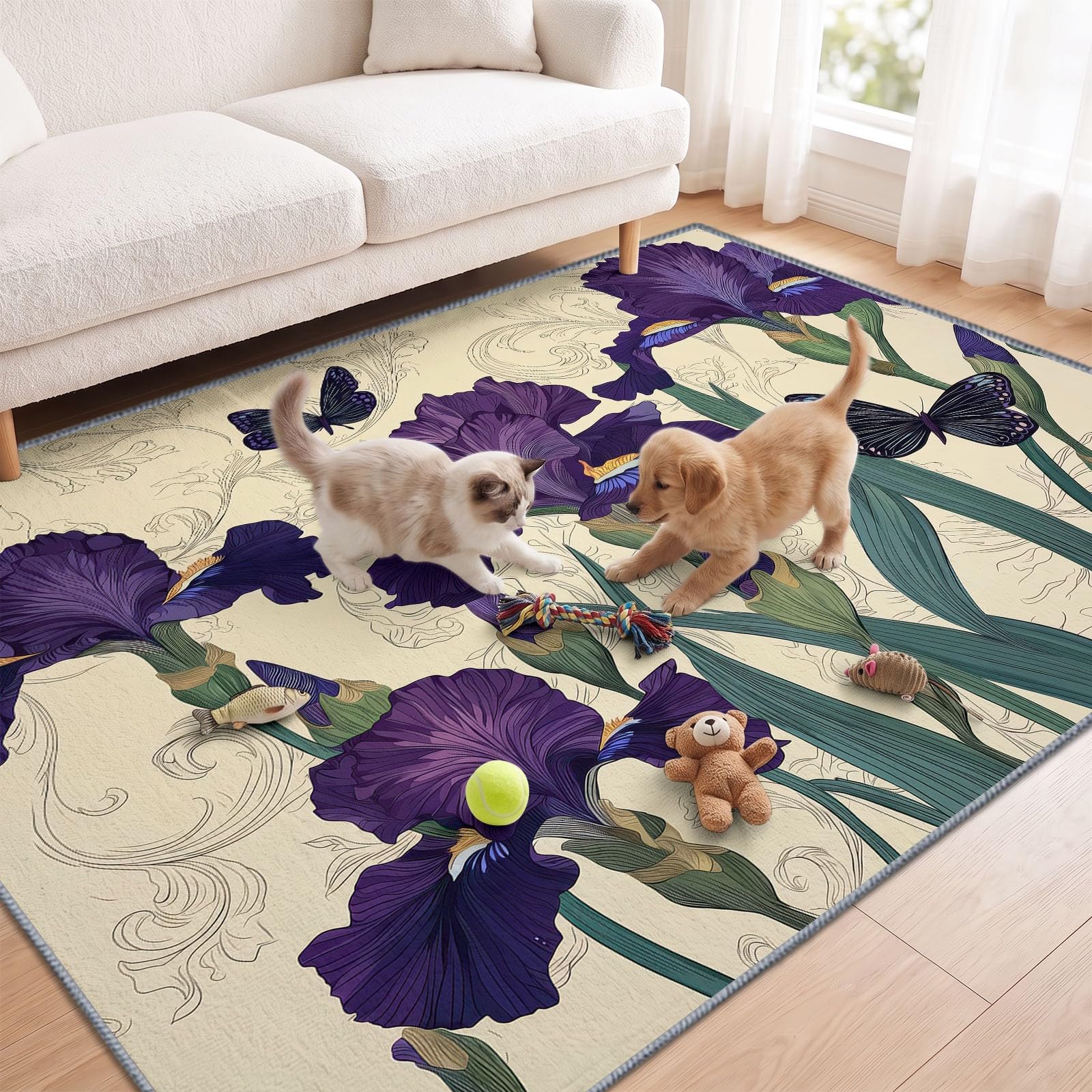 Zmywalny dywan do salonu, 180 x 240 cm, francuski, botaniczny, antypoślizgowy, niski runo, irys, motyl, winorośl, duży dywan do sypialni, kuchni, jadalni, pokoju dziecięcego, przedpokoju, przedpokoju