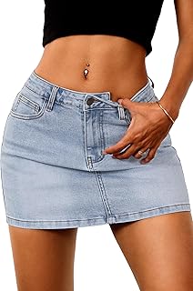 ELLEVEN Stretchy Mini Jean Skirt for Women,Low Waist Denim Skirts with Pockets