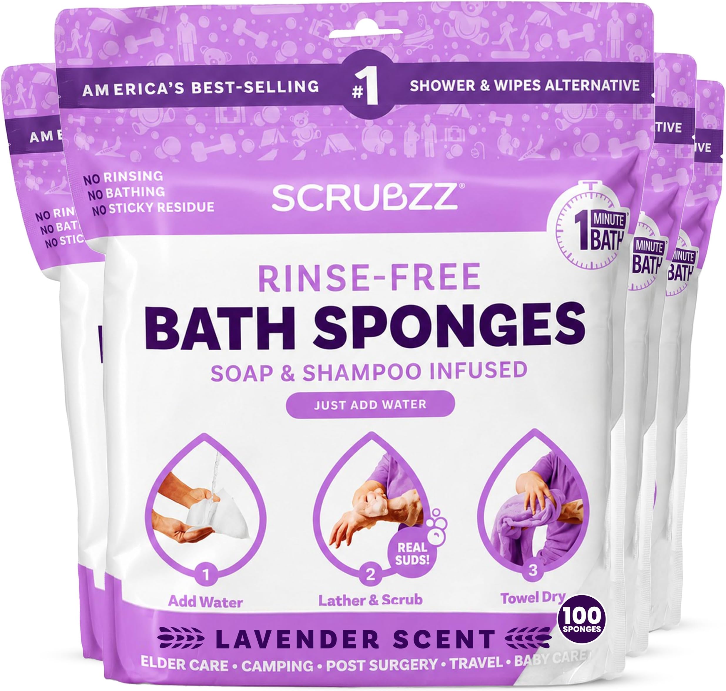 Scrubzz Disposable No Rinse Bathing Wipes - All-in-1 Single Use Shower Wipes, Simply Dampen, Lather, and Dry Without Shampoo or Rinsing (Lavender, 4-Pack)