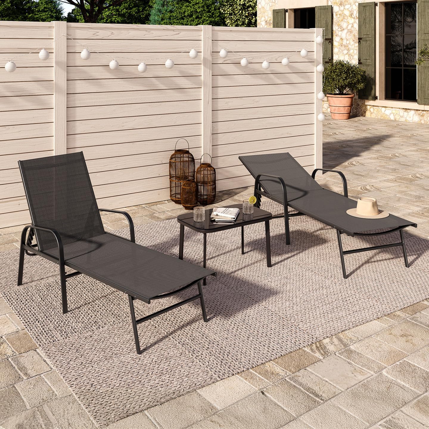 IDMarket Fidji - Conjunto de 2 tumbonas de jardín reclinables, de acero negro y tela gris antracita