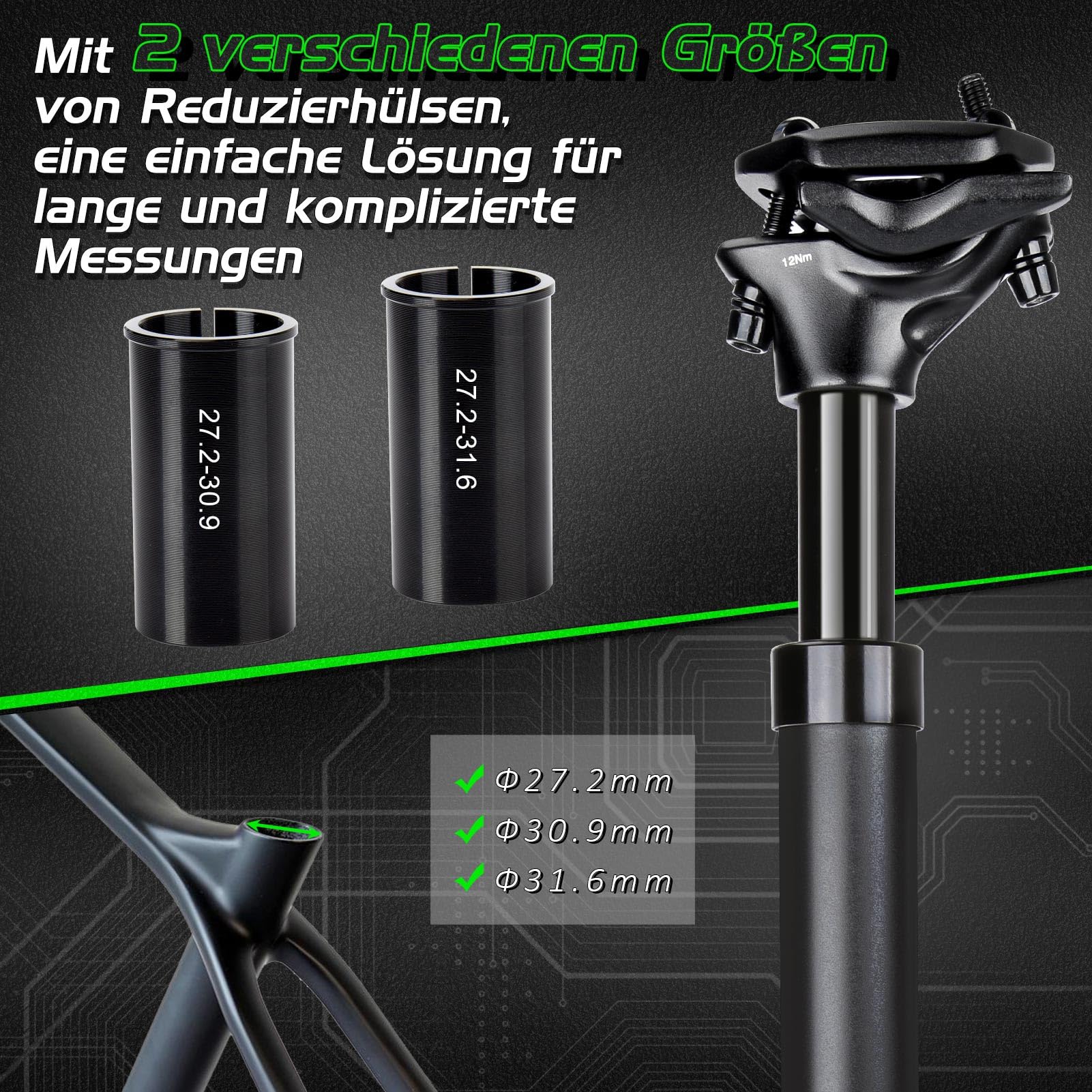 MILFECH Sattelstütze Gefedert [Ø27,2 / 30,9 / 31,6] , Spring Federsattelstütze mit 2 Distanzhülsen,Fahrrad Sattelstange Tragend 55-125kg -Ab jetzt Schmerzfrei,für E-Bike,MTB,Downhill,Trekking Citybike