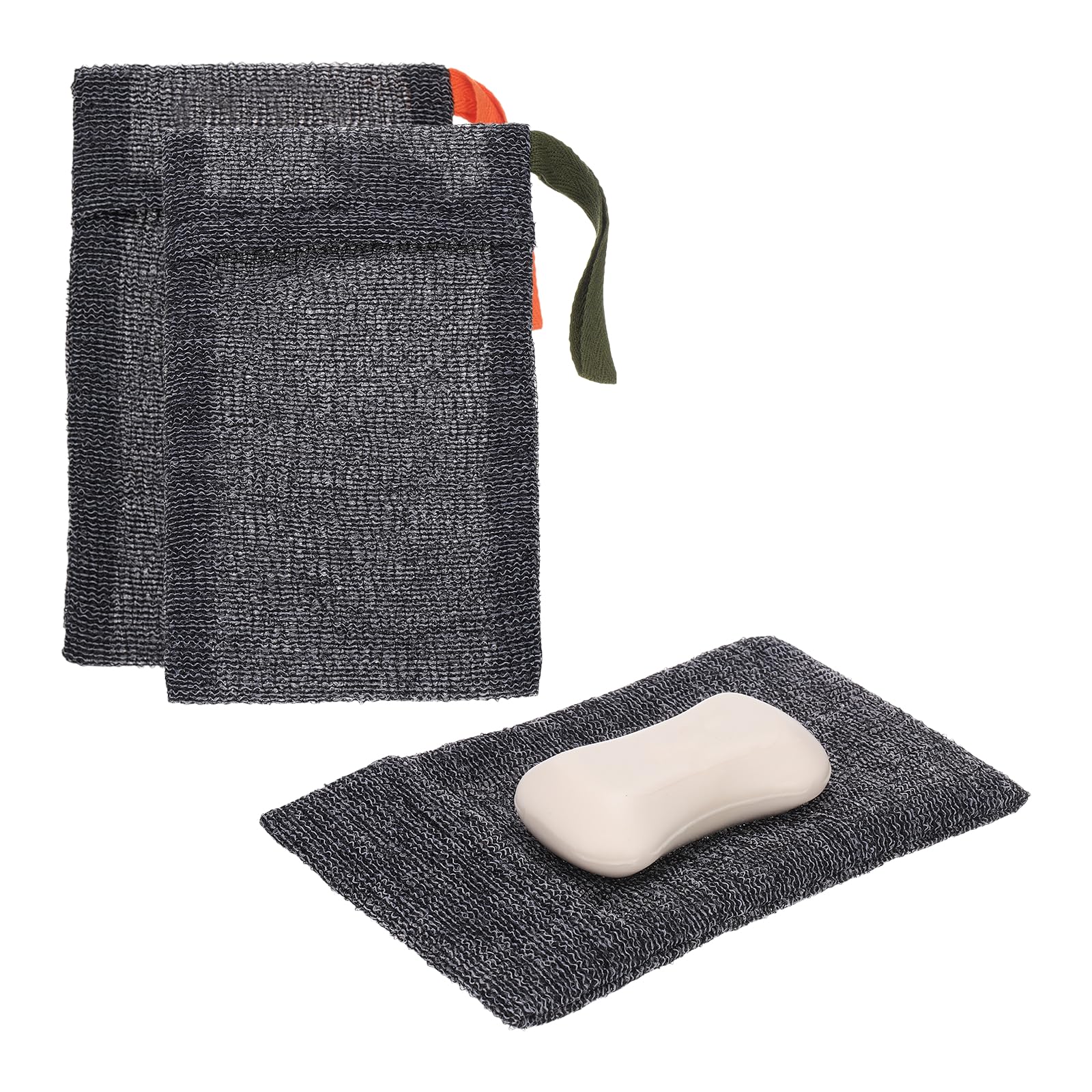 uxcell Loofah Soap Pouch, 2 Pcs Bar Soap Saver Bag with Orange/Dark Green Handle Nylon Body Scrubber Pouch Exfoliating Net for Body Shower Foaming Travel Camping, Grey