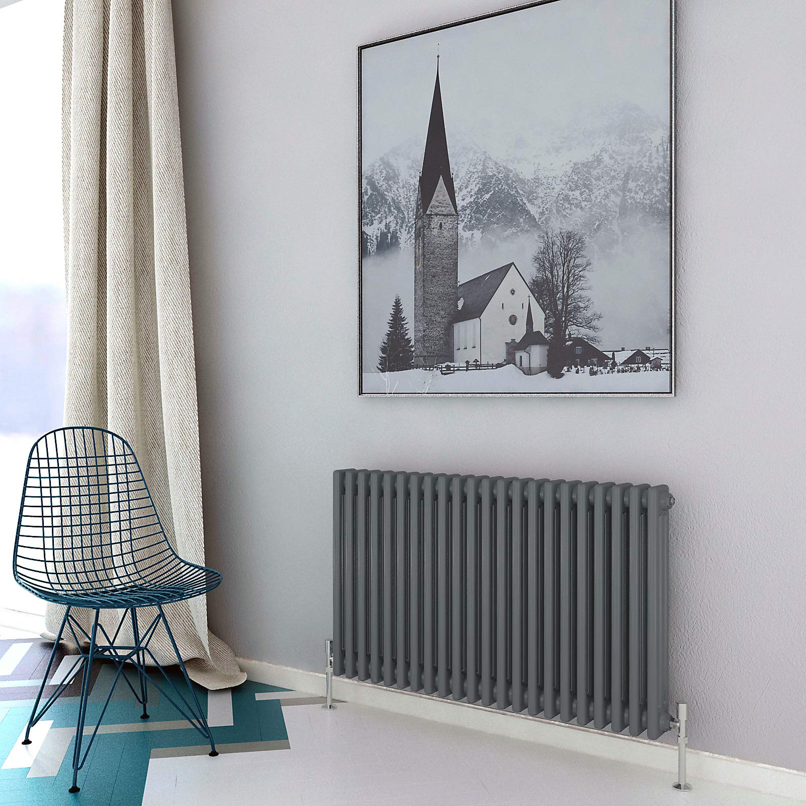 Acezanble∣3 Column Radiator, Horizontal 600mm Anthracite Wide Low Cast Iron Style Radiator Centre Heating for Window Hallway — image 1