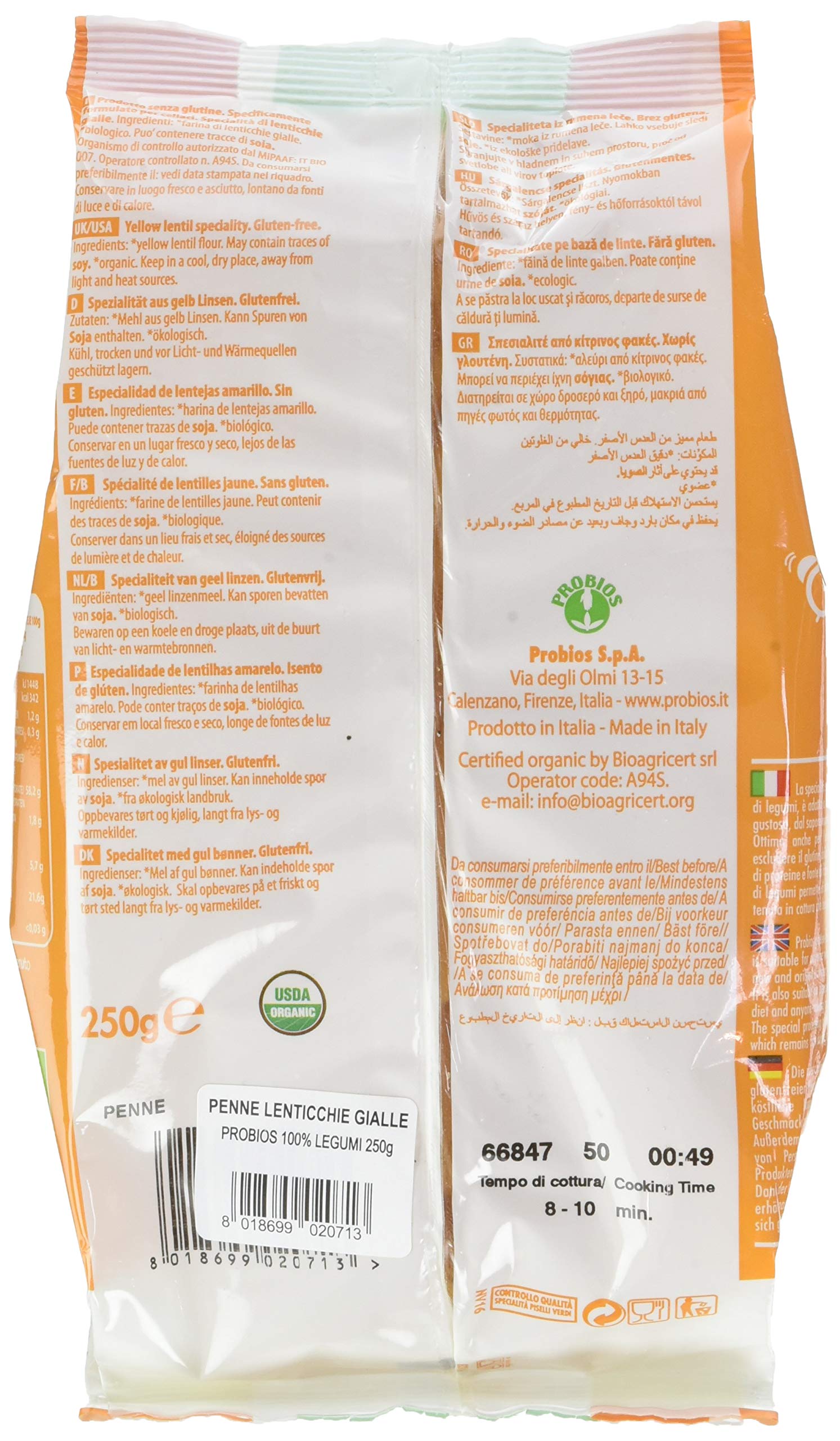 Probios Penne 100% Lenticchie Gialle Bio senza Glutine - Confezione da 12 x 250 g