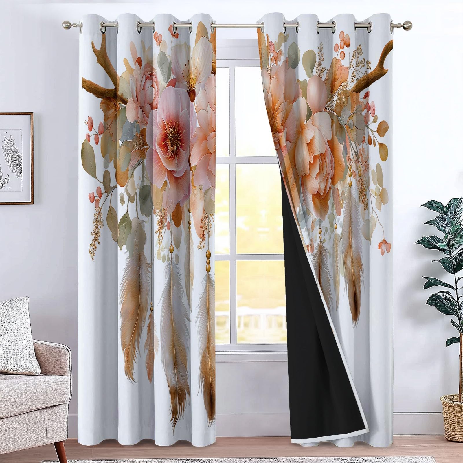 Verdunkelungsvorhang Wohnzimmer Böhmen Federn - Thermovorhang Blickdicht mit Ösen 91.5 x 214 cm (2er Set), Weiß Gardinen Blumen Traumfänger für Büro & Schlafzimmer