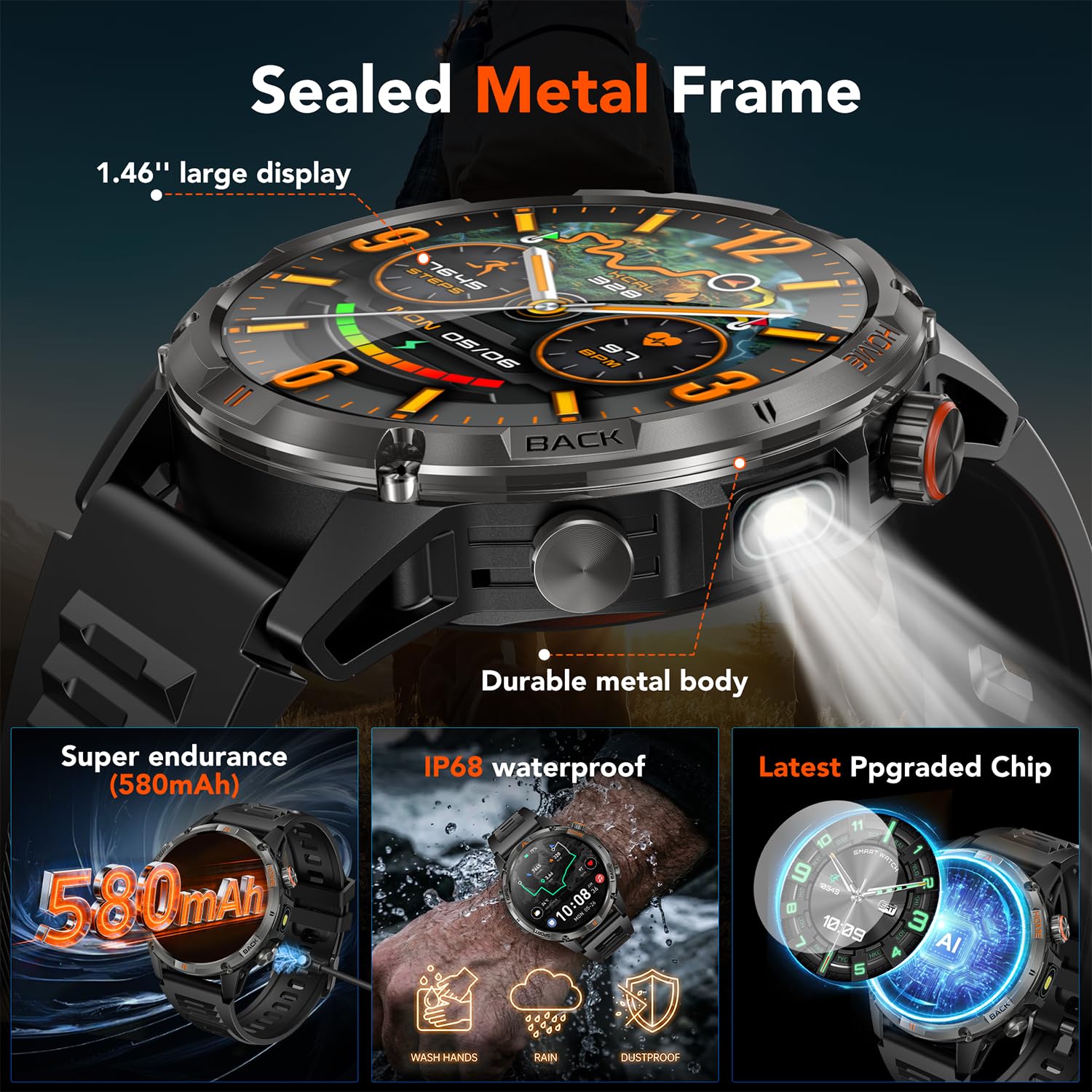 Montre Connectée Homme GPS Smartwatach: 1.46" HD Smart Watch Appel Bluetooth Fréquence Cardiaque SpO2 580mAh Batterie 100+ Modes Sportifs IP68 Etanche Surveillance Santé Torche LED pour iOS e Android