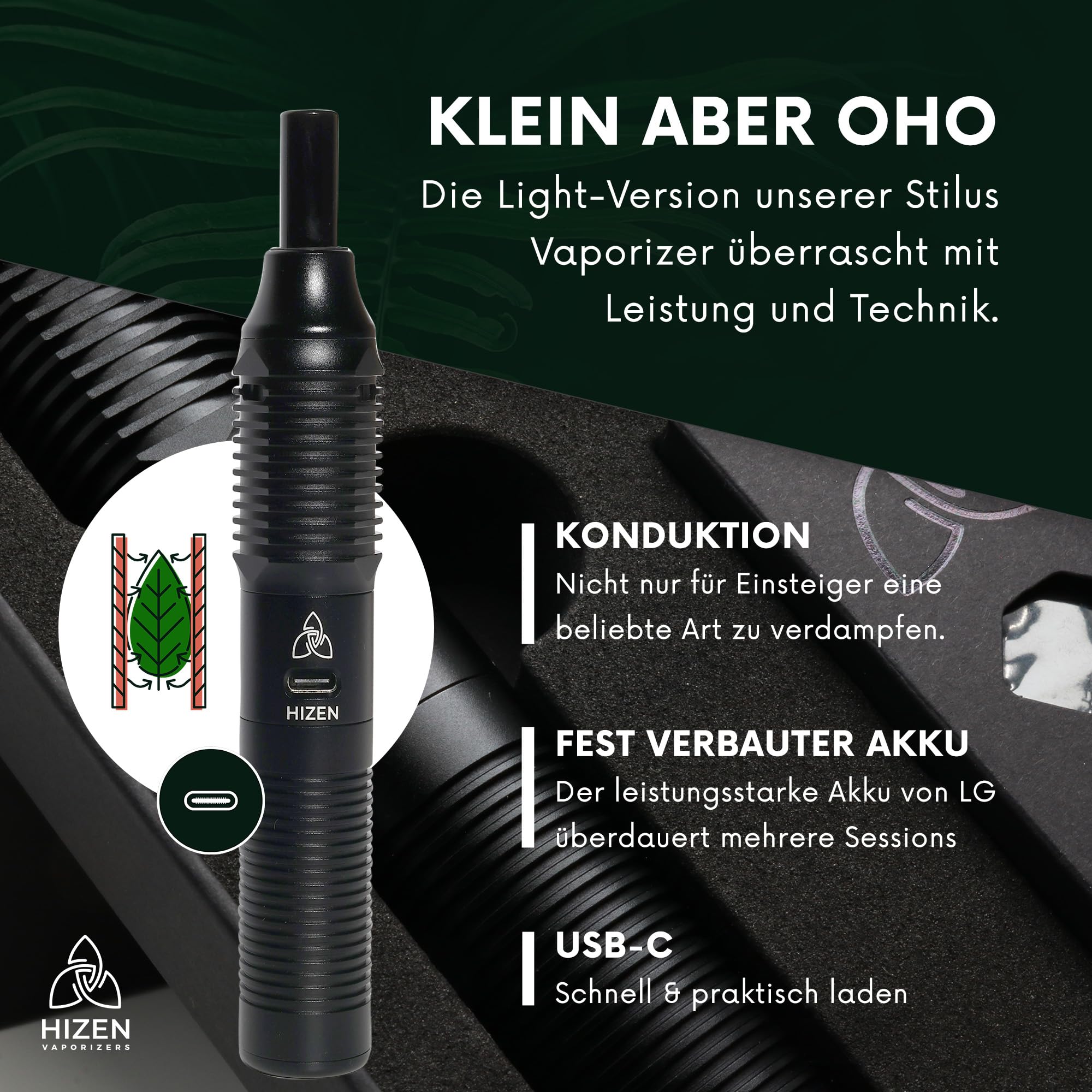 HIZEN Vaporizer Stilus Mini - Verdampfer für Kräuter, Konduktion Kräuterverdampfer mit USB-C, Aluminium Gehäuse, modular erweiterbar - nikotinfrei