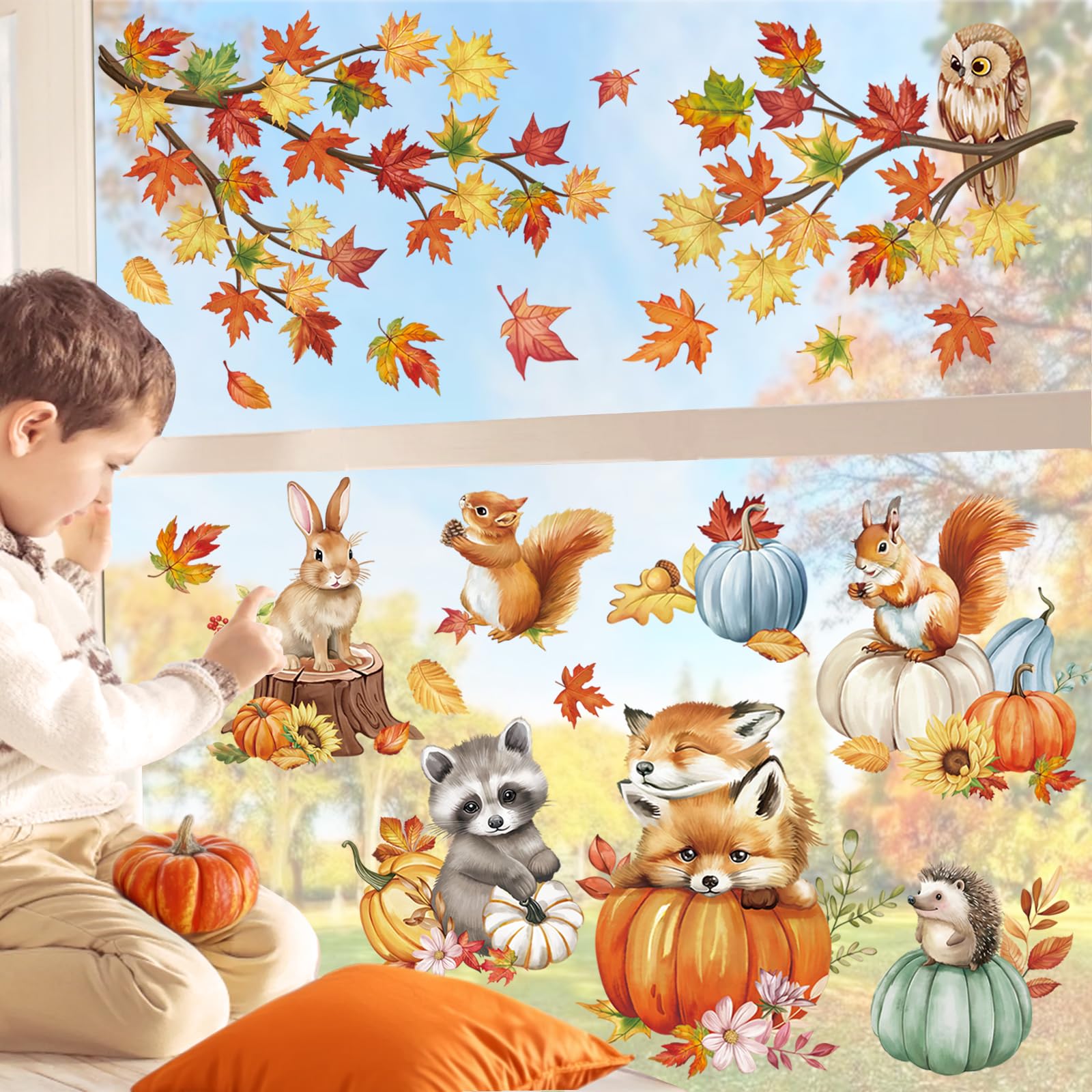 wondever Fall Woodland Animals Window Clings Autumn Pumpkin Fox Squirrel Owl Raccon Glass Sticker Decal Anti Collision Double-Side Static Window Stickers for Home Glass Window - Image 3