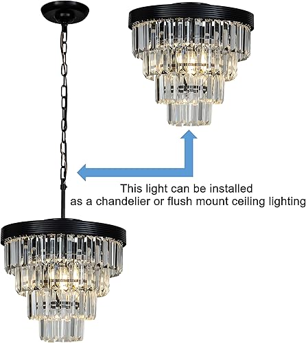 Miniatura 6 de ALOADECOR Candelabro de cristal moderno con flecos W13 de 3 luces en negro mate de 4 niveles con forma de cono de glamour redondo para comedor, mini