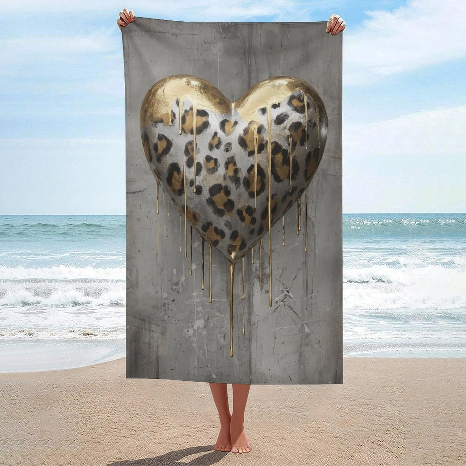 asbwuo Leopard Print Heart Dripping Gold Paint Beach Towel