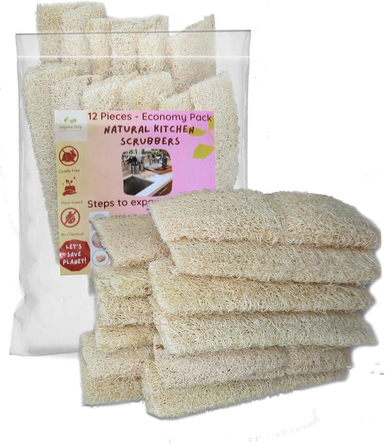 Indigenous Living Natural Kitchen Scrubber 12 Economy Pack for Sparkling Clean Surfaces - Sustainable, Biodegradable, and Tough on Grime Natural Loofah