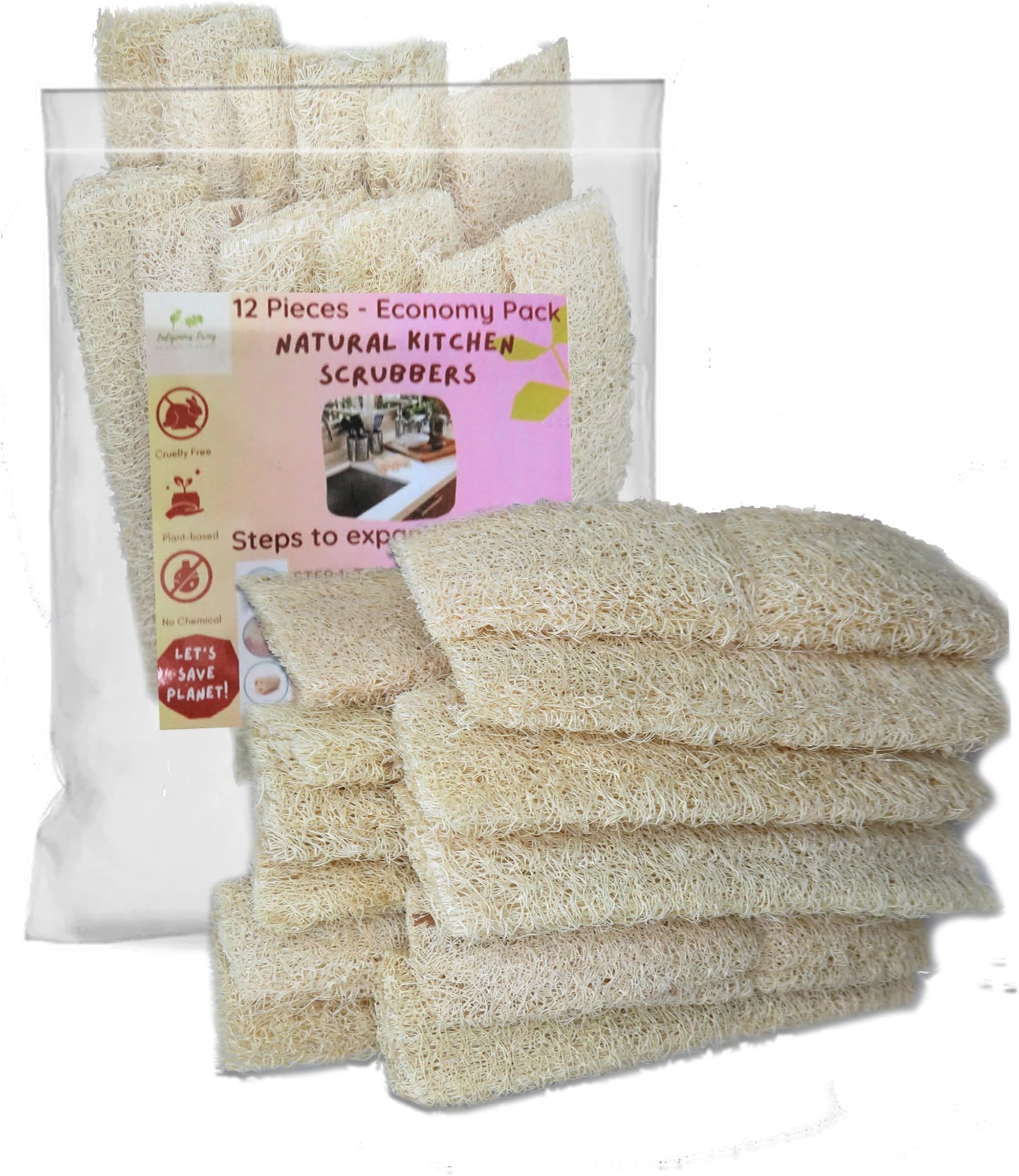 Natural Kitchen Scrubber 12 Economy Pack for Sparkling Clean Surfaces - Sustainable, Biodegradable, and Tough on Grime Natural Loofah