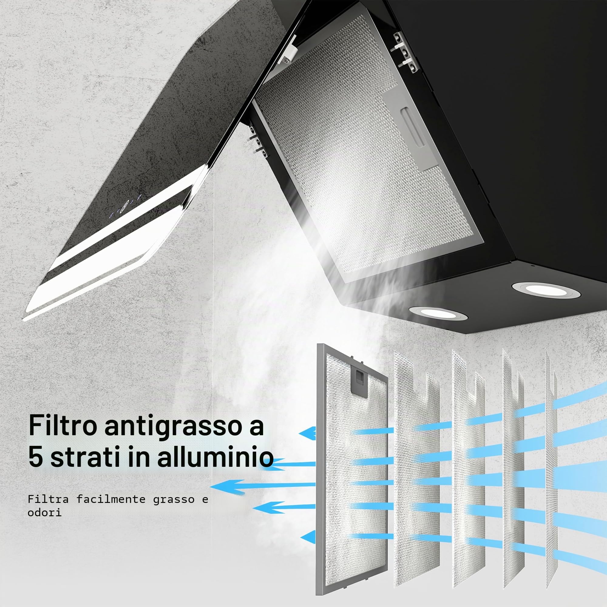 FIREGAS Cappa Aspirante 60 cm, Motore Senza Spazzole, 578 m³/h, 9 Velocità, Illuminazione LED, Controllo Tattile, Silenziosa 35dB, Classe A++, Filtro a Carboni Attivi e Tubo di Scarico Incluso