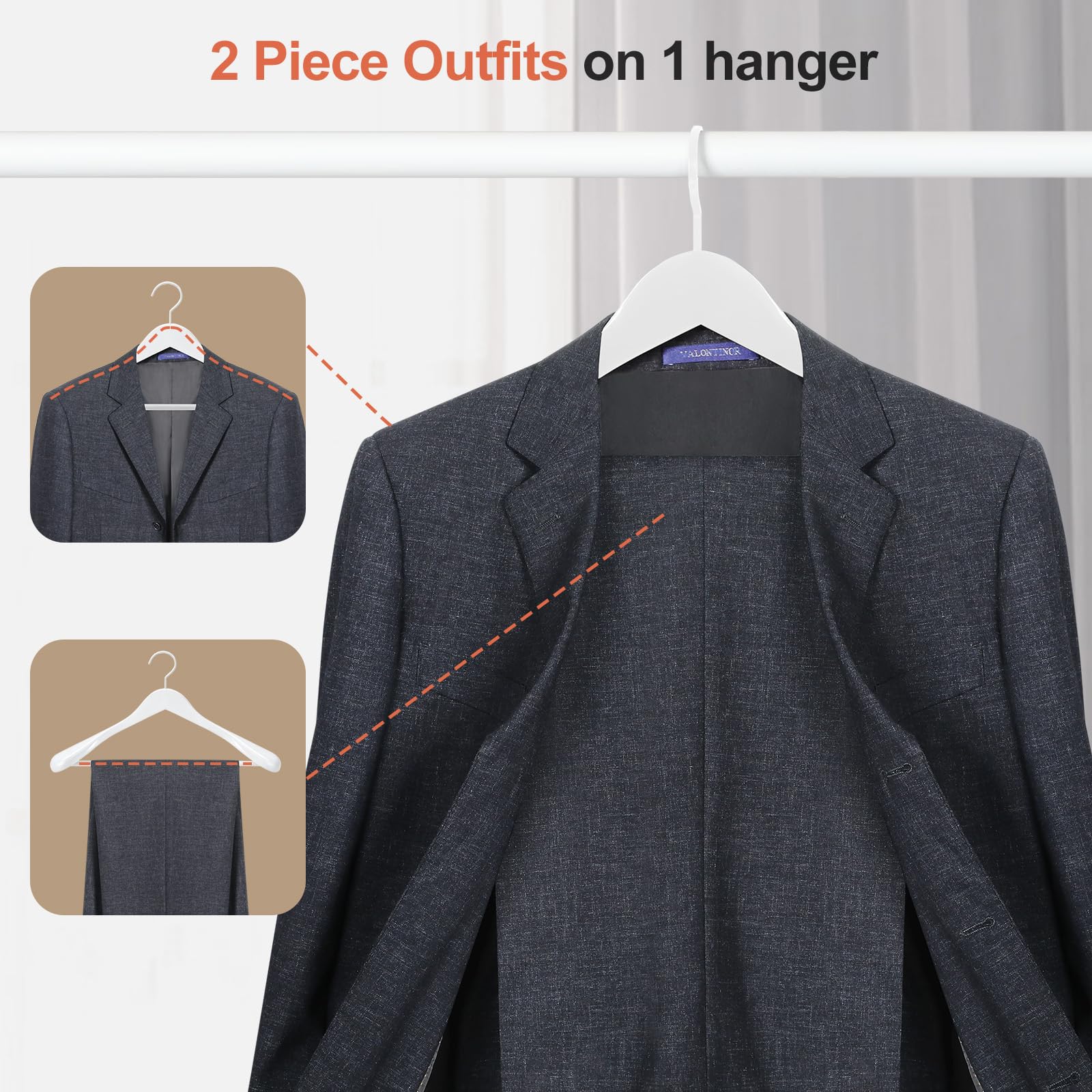 TOPIA HANGER CT02W Kleiderbügel aus Holz, glänzend, mit extra breiten Schultern, dickere, weiße Haken und Anti-Rutsch-Stange, geeignet für Mantel, Anzug, Kleid, Jacke, schweres Tuch, 6 Stück