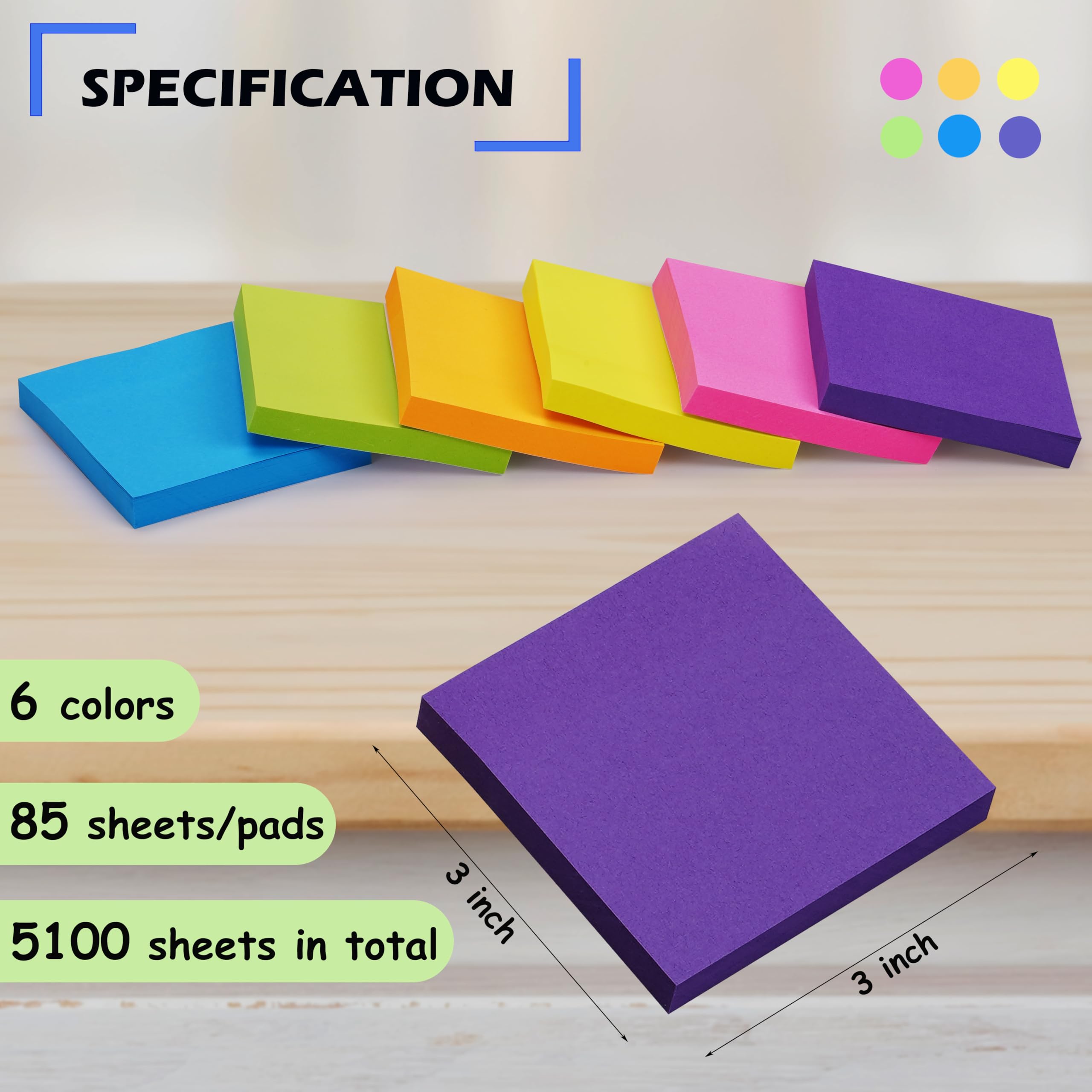 Woswel - Foglietti autoadesivi in blocco, 7,6 x 7,6 cm, 60 blocchetti, 85 fogli/blocchetto, 6 foglietti adesivi dai colori vivaci, adesivi riposizionabili per casa, ufficio, scuola