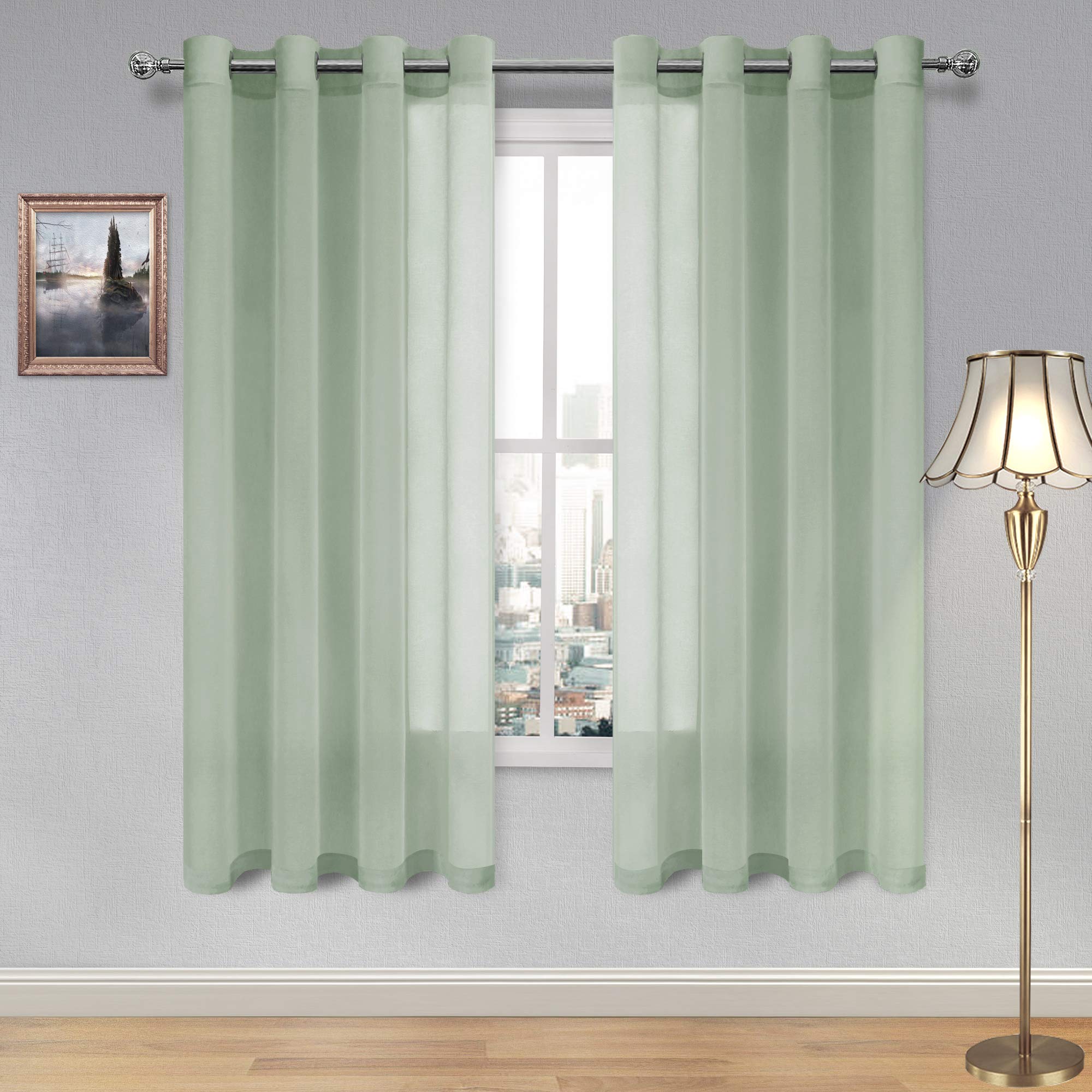 DWCN Sheer Curtains for Living Room Bedroom - Faux Linen Look Voile Drapes Grommet Top Window Curtain Panel 52 x 72 Inches Long, Bean Green, Set of 2 Panels — image 1