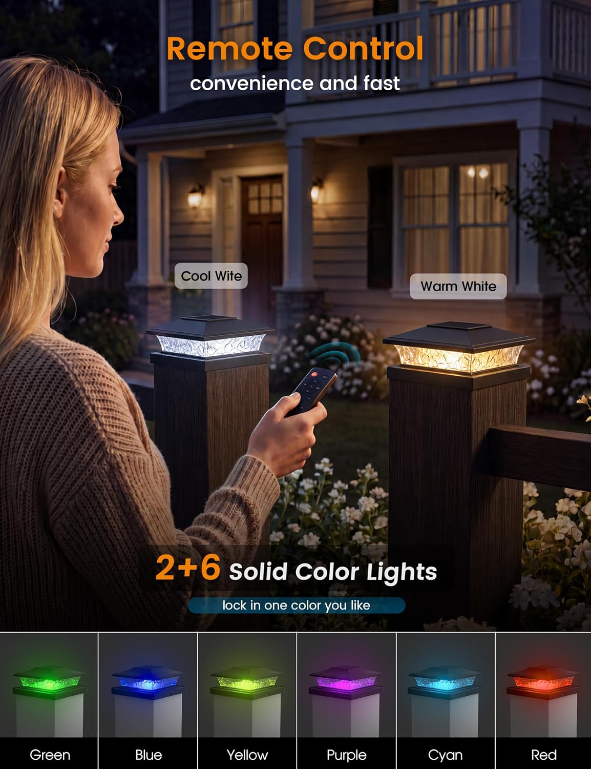 VOLISUN RGB Solar Post Cap Lights by Remote Control (8 Pack, Black) image 2