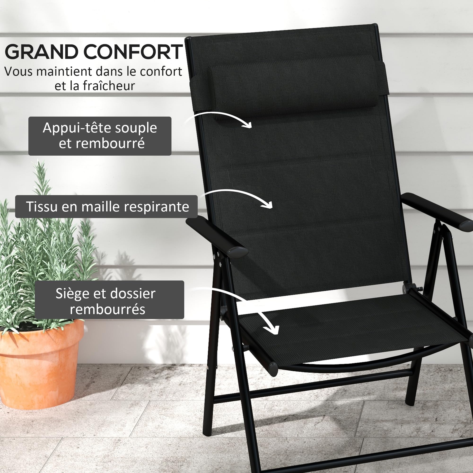 Outsunny Lot de 2 Chaises Pliantes Chaises de Jardin 54x67x108 cm Noir | Appui-Tête, Accoudoirs, Structure en Aluminium, Capacité 130 kg, Terrasse, Extérieur
