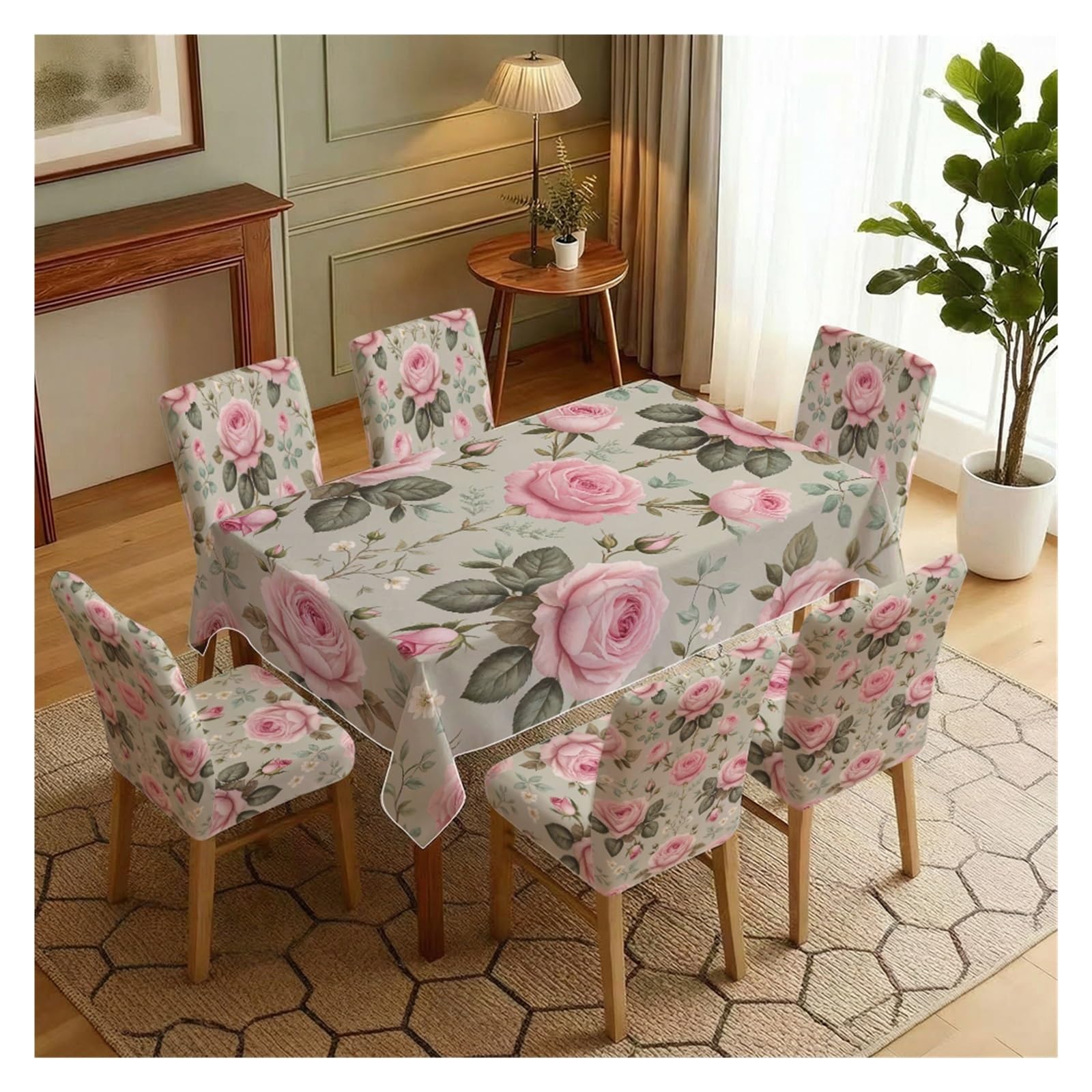 BOSUYBN Light Green Base Pink Rose Floral Printed Dining Tablecloth & Chair Covers Set, 5/7 Piece Soft Romantic Cottage Home Decor Table Setting(7pcs Set: Tablecloth+Chair Covers)