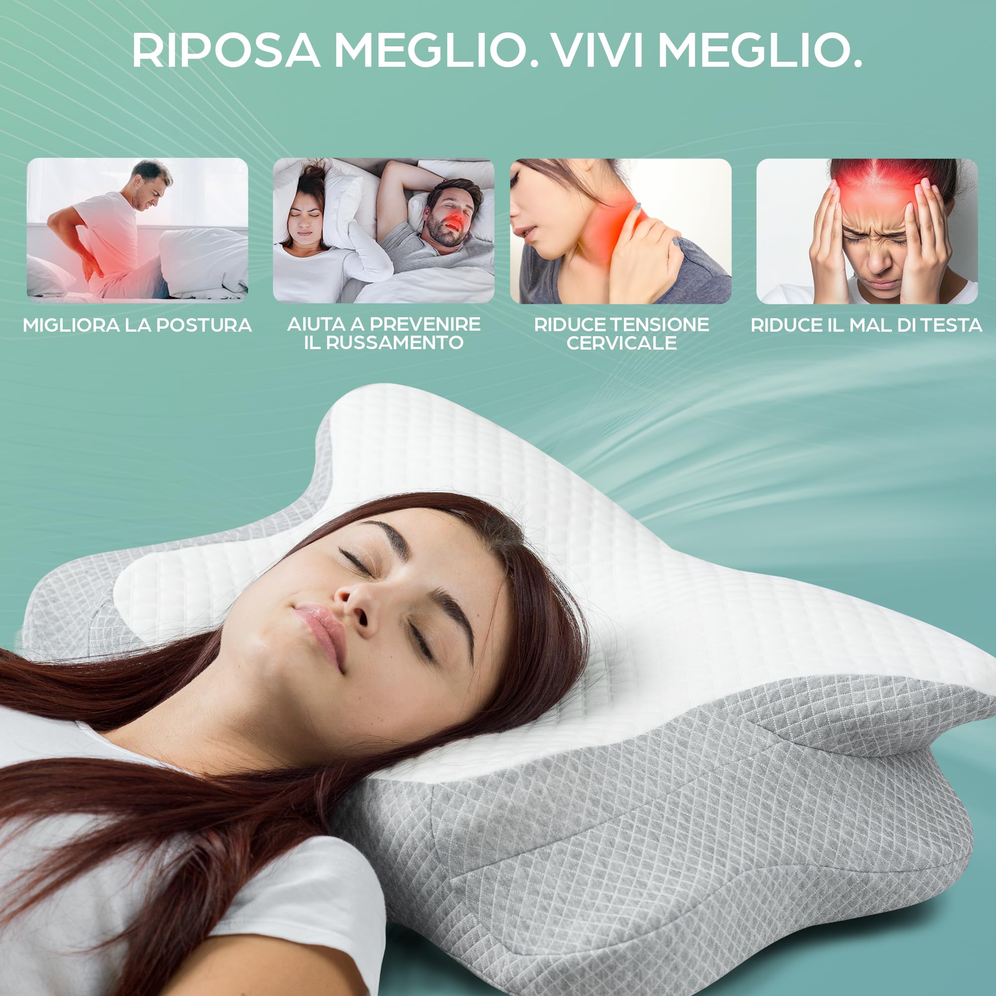 Flowen Cuscino Cervicale Memory Foam per Dormire Ortopedico Guanciale Ideale per Supporto al Collo Ergonomico Traspirante Antirussamento Anallergico Federa Lavabile