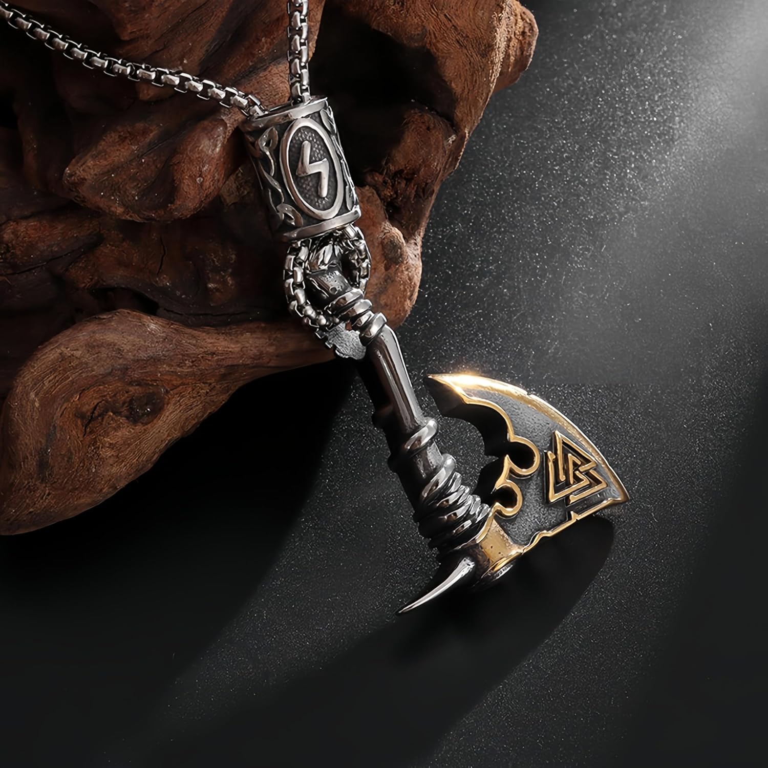 Viking Axe Pendant Necklace, Antique Silver and Bronze, 24 Inch Chain, Norse Amulet - Image 3