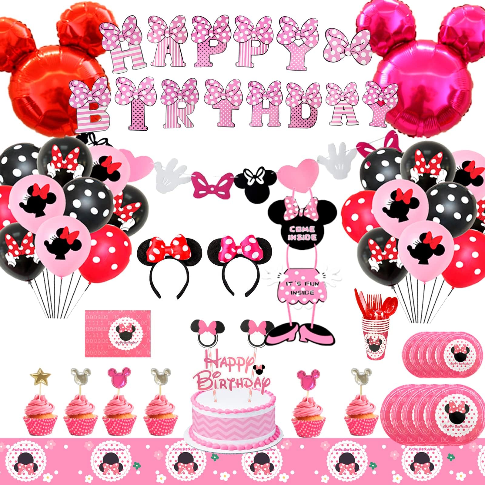 Minnie Mouse Birthday Decorations,118pcs Minnie Birthday Party Supplies&Minnie's Party Tableware Set-Minnie Party Plates Cups Tablecloth&Minnie Mouse Balloons Banner ect Minnie Mouse Party Decorations