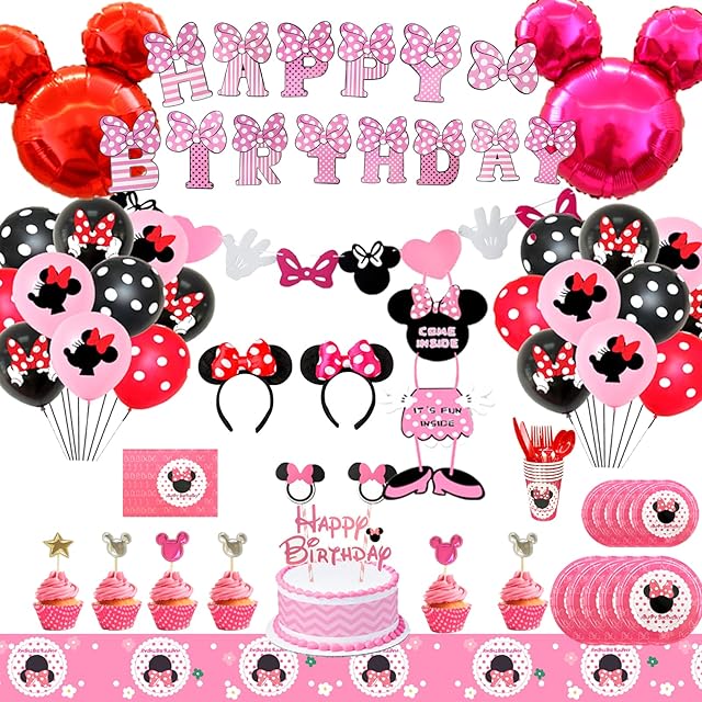 Minnie Mouse Birthday Decorations,118pcs Minnie Birthday Party Supplies&Minnie's Party Tableware Set-Minnie Party Plates Cups Tablecloth&Minnie Mouse Balloons Banner ect Minnie Mouse Party Decorations