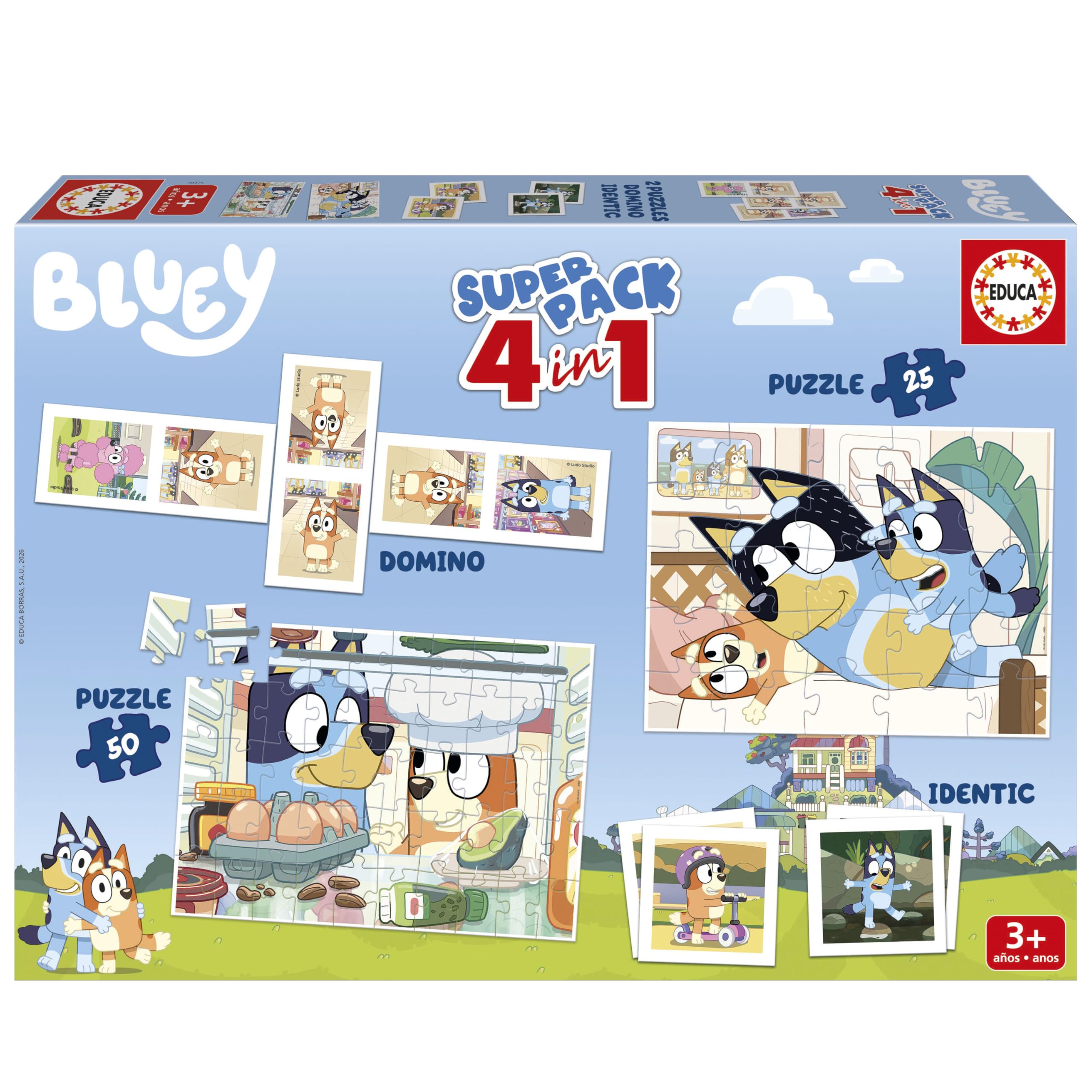 Educa - Superpack Bluey 4-in-1 for Children, Two Puzzles Plus Memo Game and Dominoes with Puppies in a Practical Box, from 3 Years (20475) โ image 1