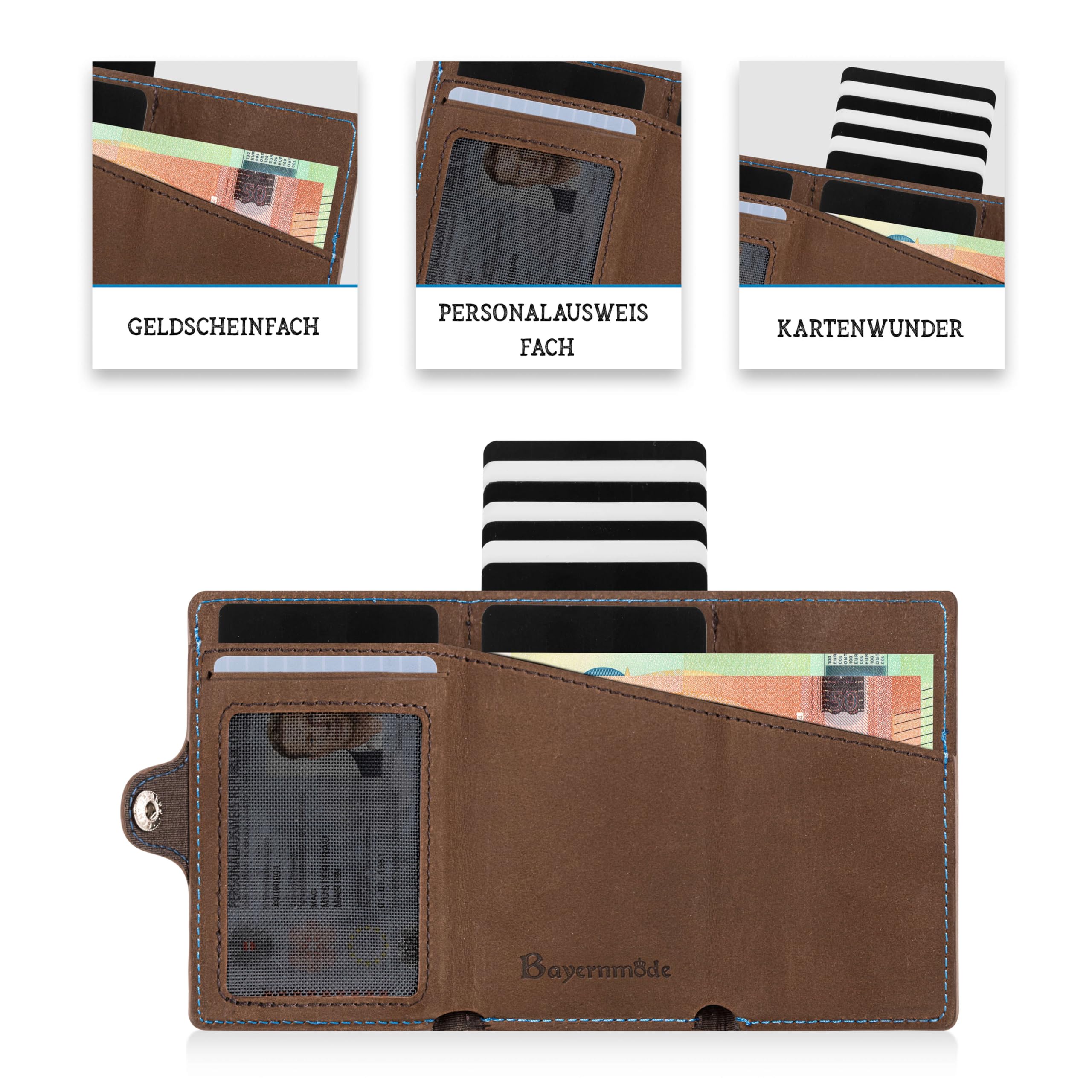 Bayern Smart Wallet Echtleder – Pop-Up Kartenetui mit Bayern Prägung, Wappen Emblem, RFID-Schutz, Münzfach & Scheinfach, personalisierbar, inkl. Geschenkbox