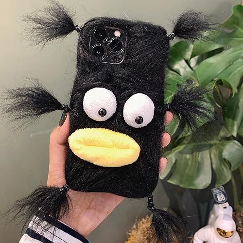 Miniatura 2 de Funda de felpa negra para iPhone 13 Pro Max, linda funda protectora de invierno de pelo largo divertido con cara divertida, caricaturas 3D para